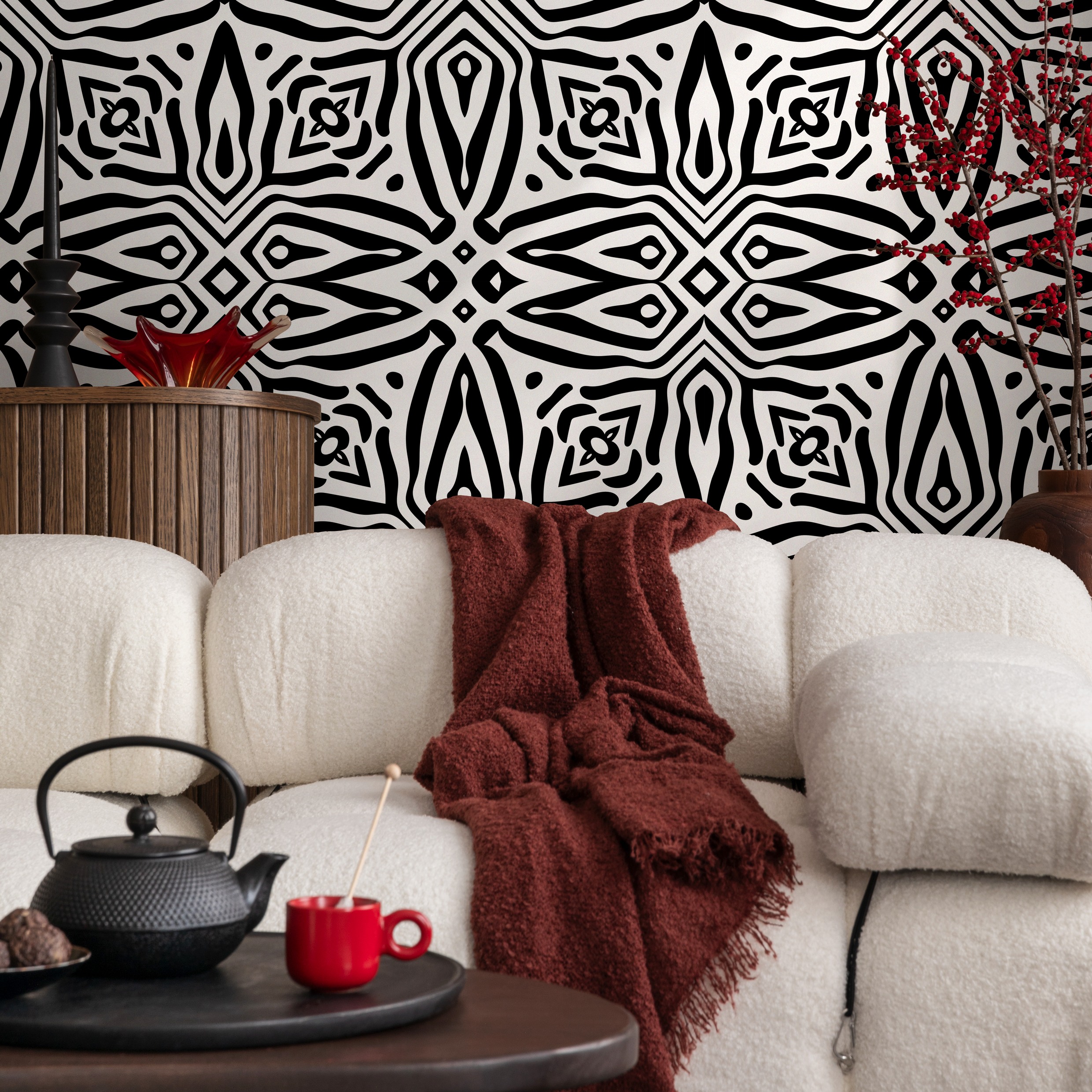 African Wallpaper With A Symmetrical Tribal Pattern In Black And White - C392