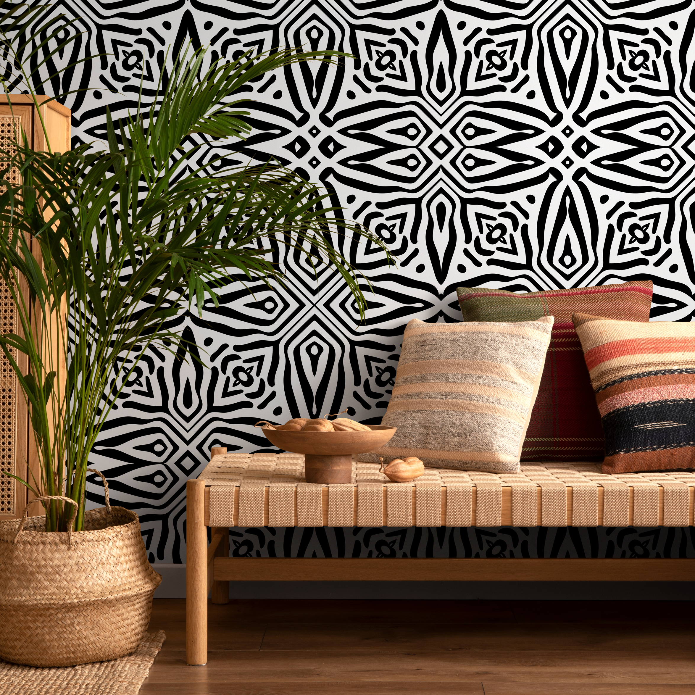African Wallpaper With A Symmetrical Tribal Pattern In Black And White - C392