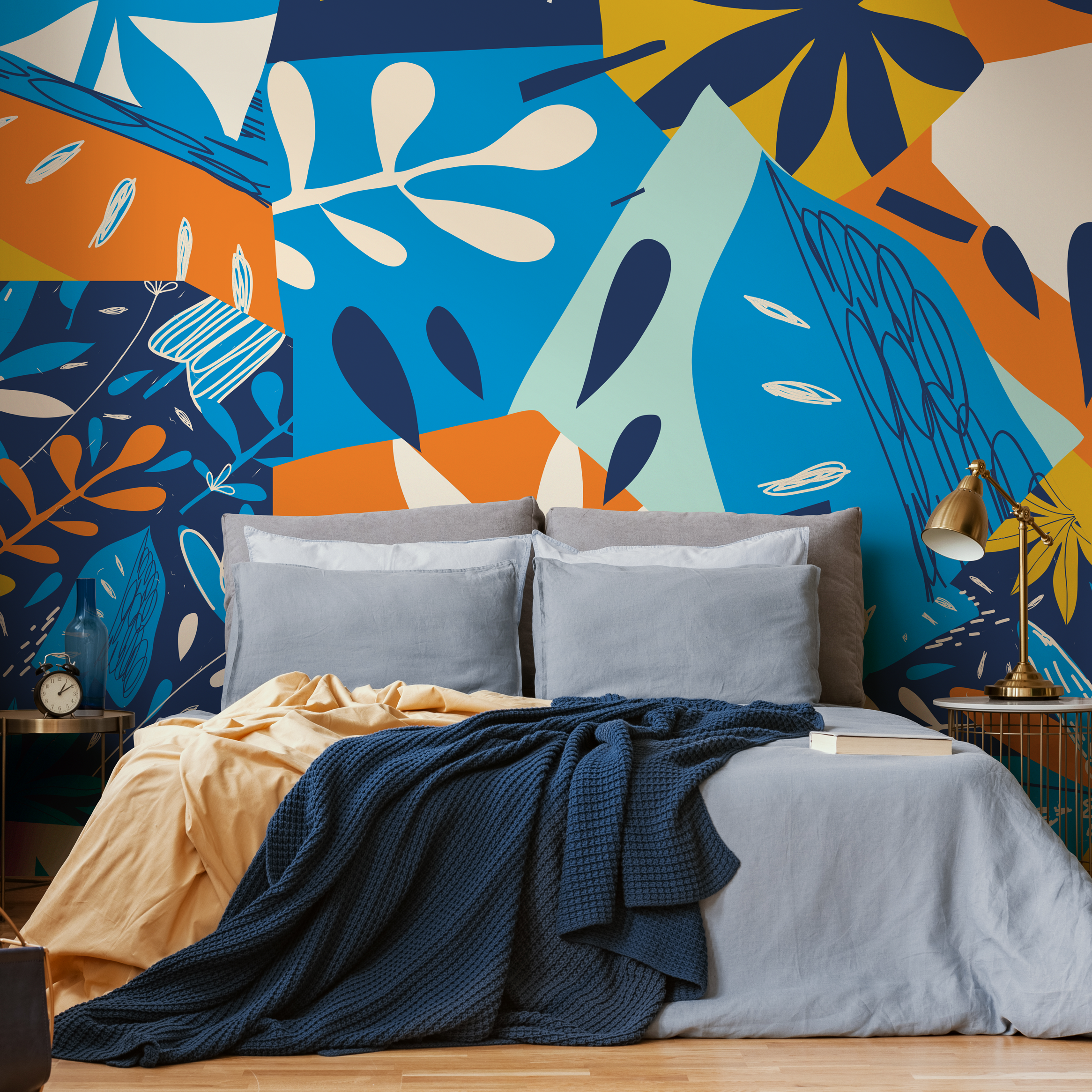 Abstract Wallpaper With A Collage Of Botanical Shapes In Blue And Orange - C393