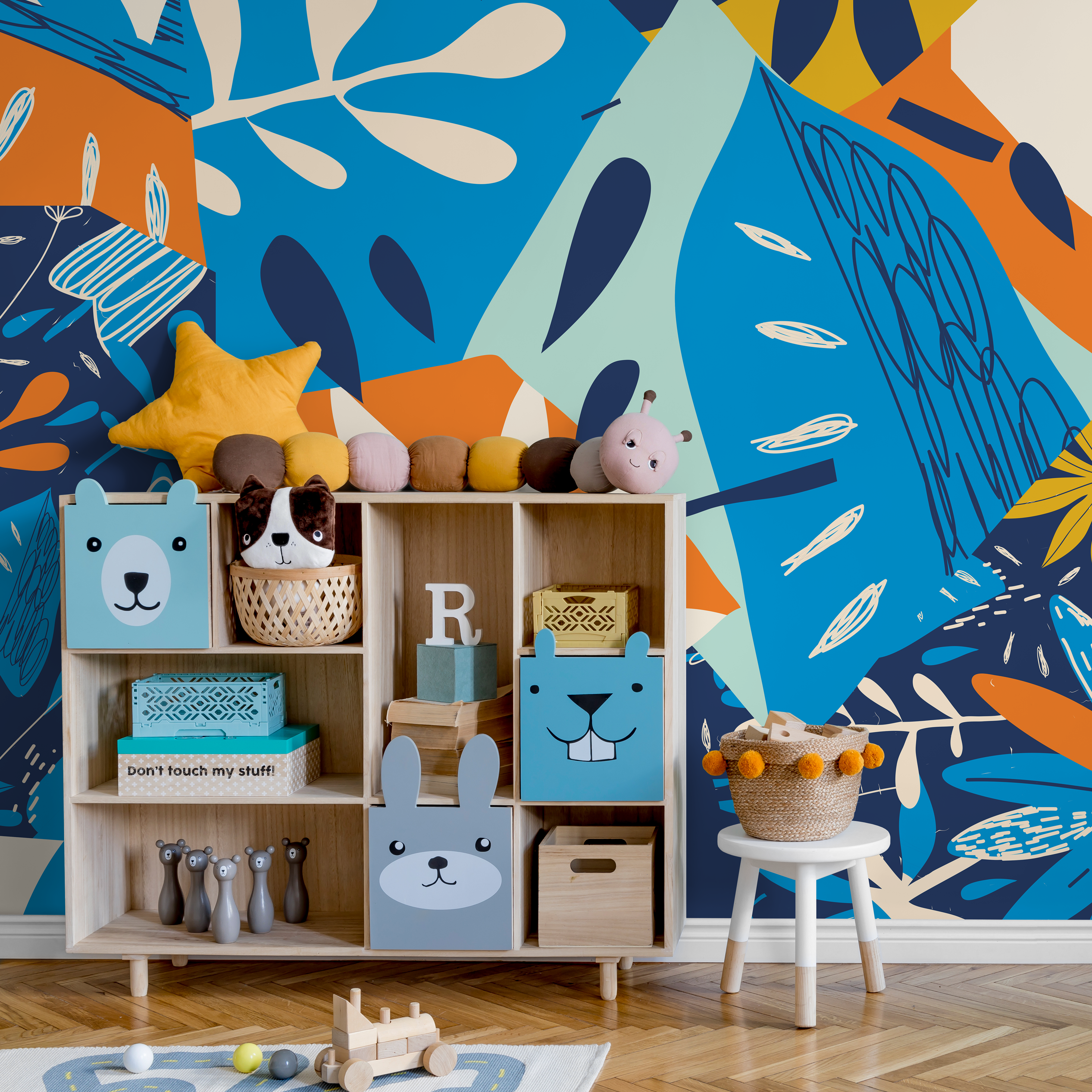 Abstract Wallpaper With A Collage Of Botanical Shapes In Blue And Orange - C393