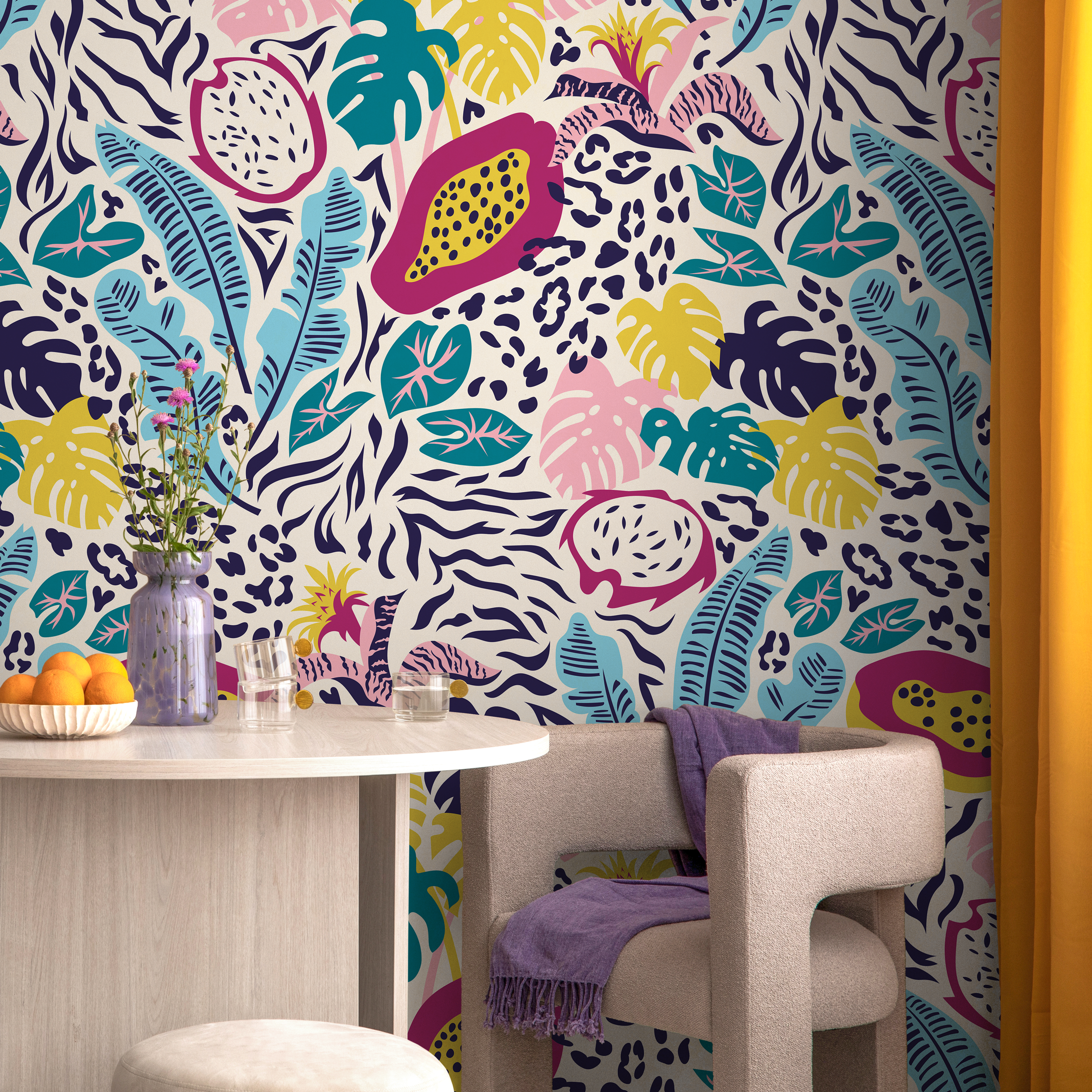 Animal Print Wallpaper With A Tropical Jungle Motif In Pink, Yellow, And Blue - C396
