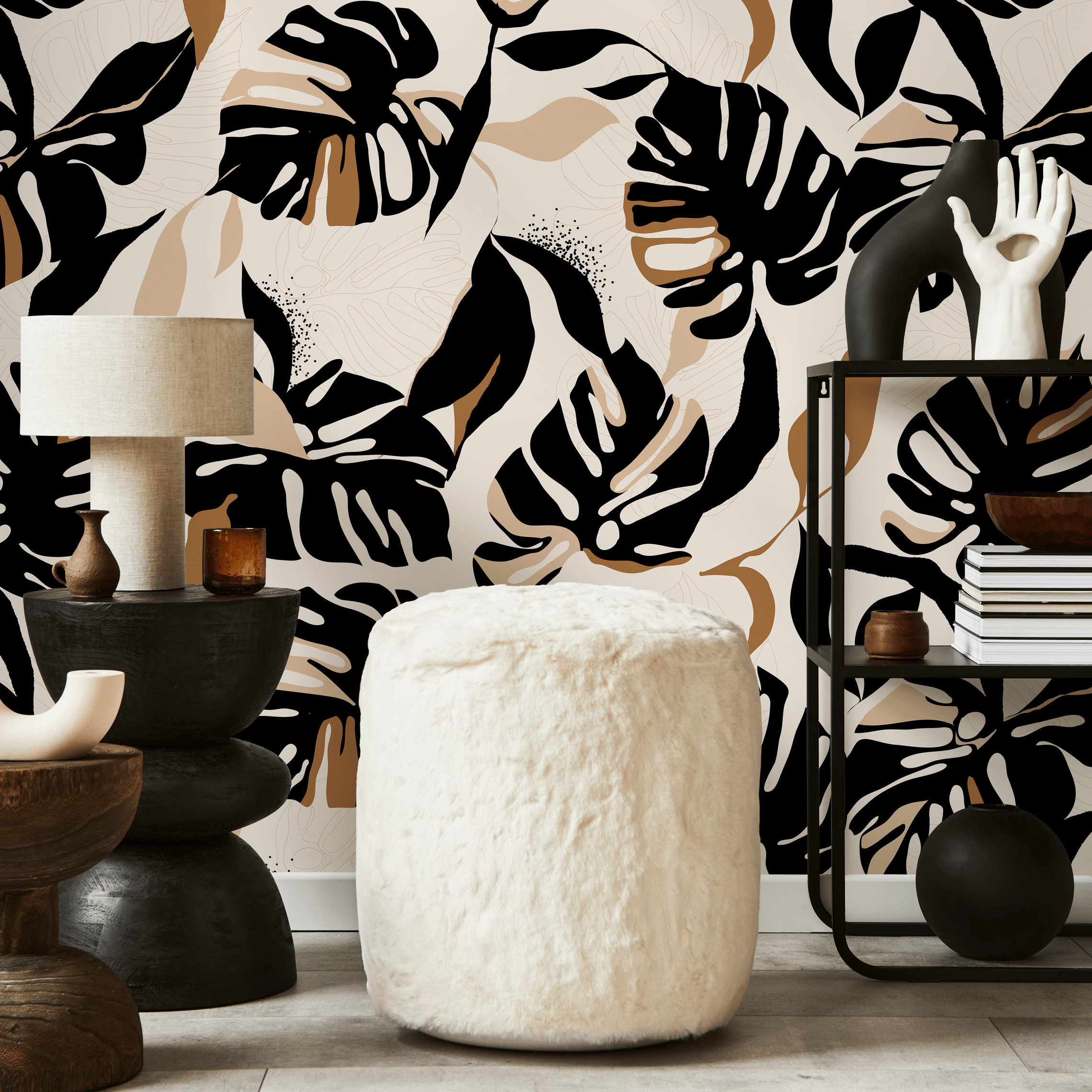 Tropical Wallpaper With Stylized Monstera Leaves In Black, Brown, And Beige - C397