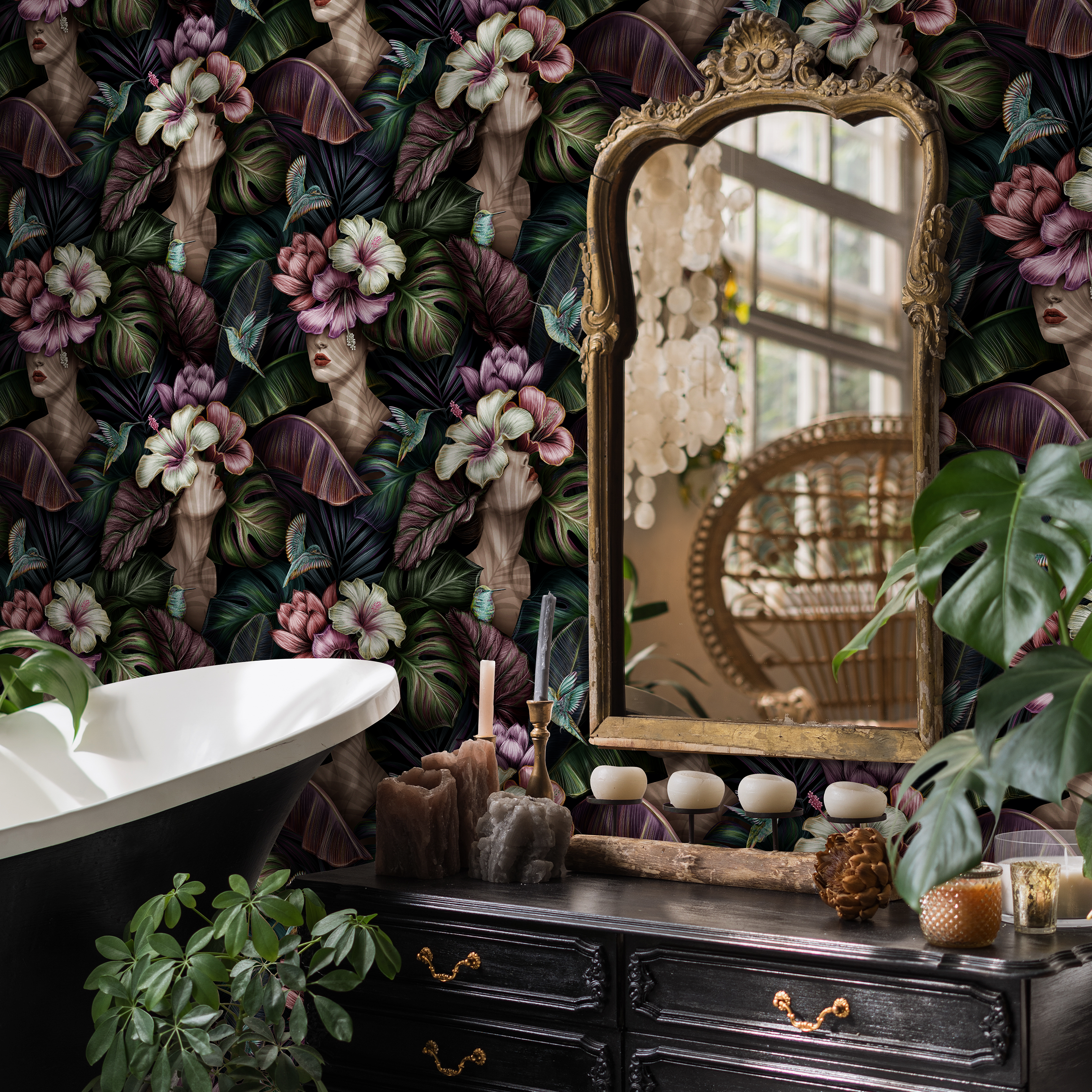 Floral Wallpaper With Surreal Portraits And Tropical Blooms In Purple And Green - C400