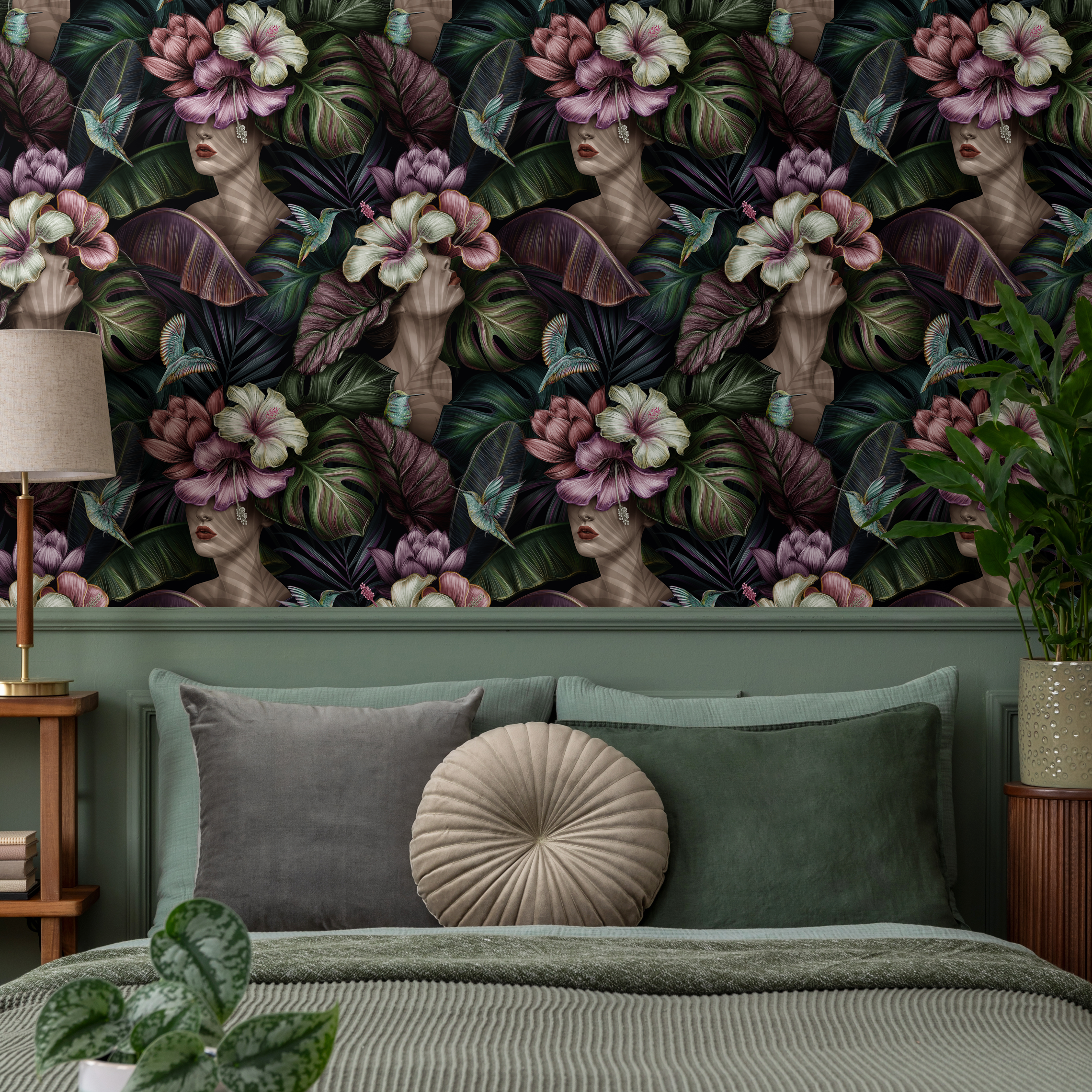 Floral Wallpaper With Surreal Portraits And Tropical Blooms In Purple And Green - C400