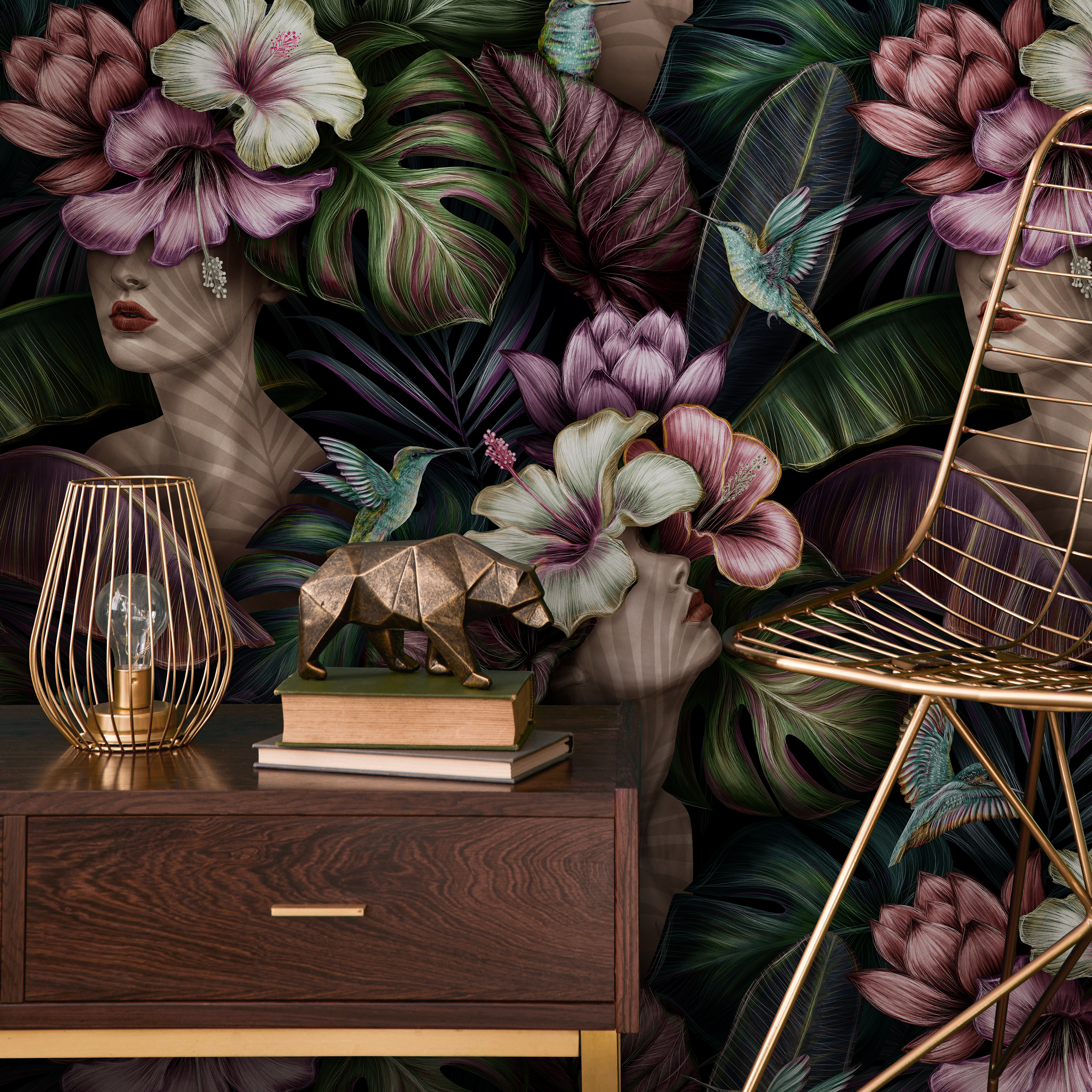 Floral Wallpaper With Surreal Portraits And Tropical Blooms In Purple And Green - C400