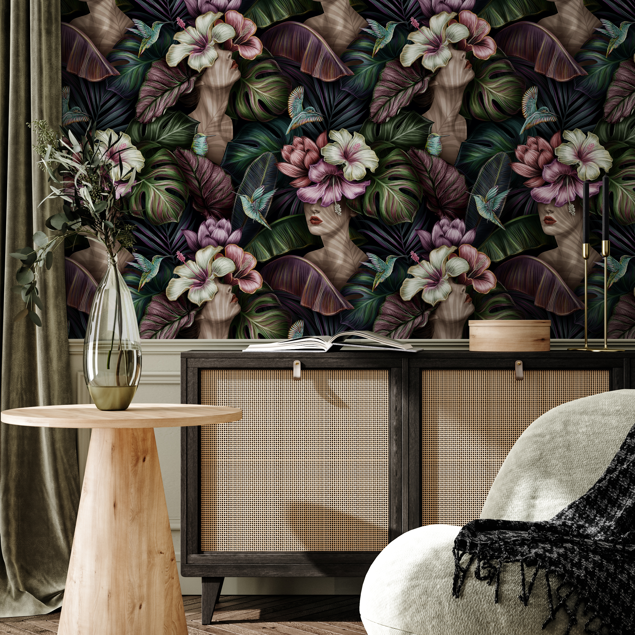 Floral Wallpaper With Surreal Portraits And Tropical Blooms In Purple And Green - C400