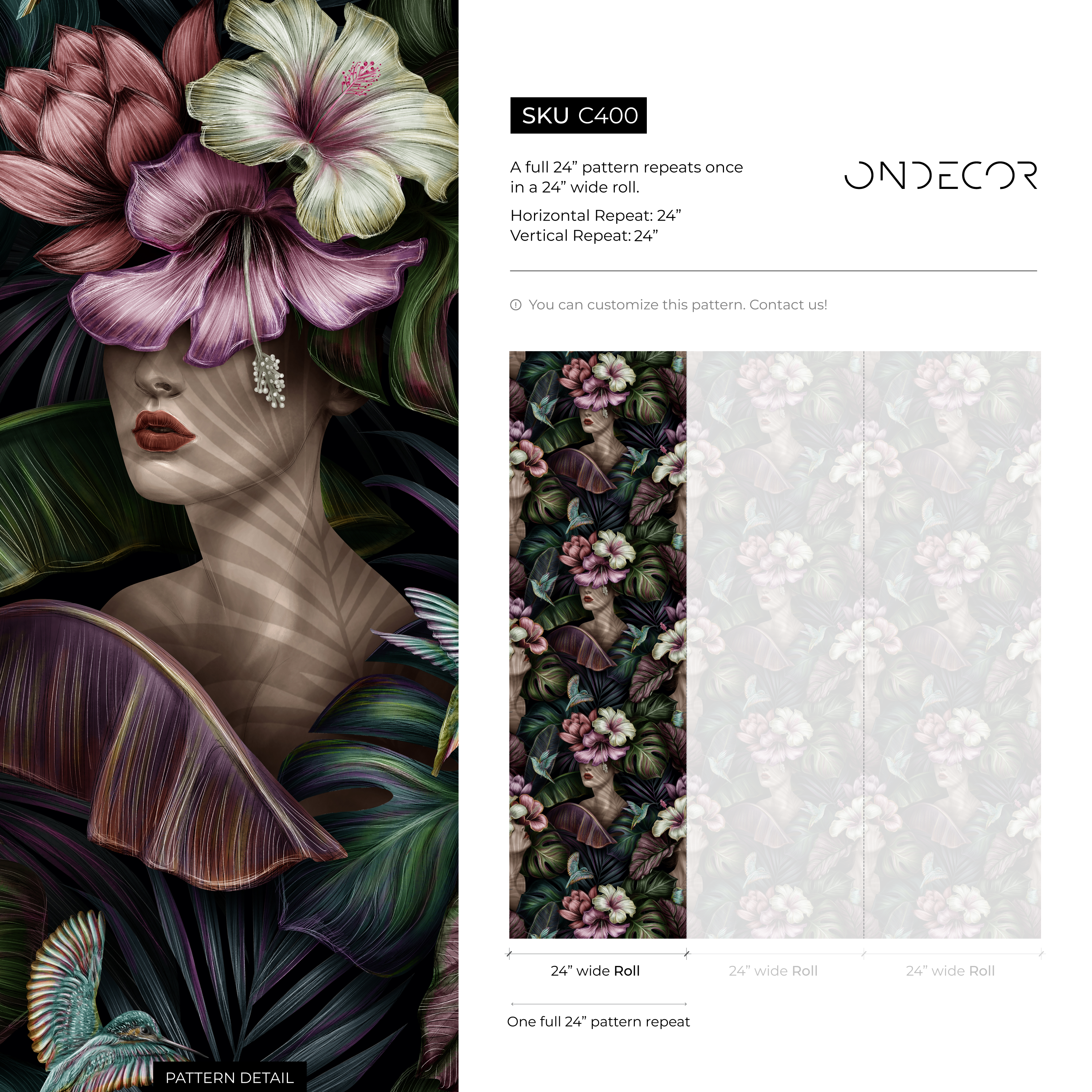 Floral Wallpaper With Surreal Portraits And Tropical Blooms In Purple And Green - C400
