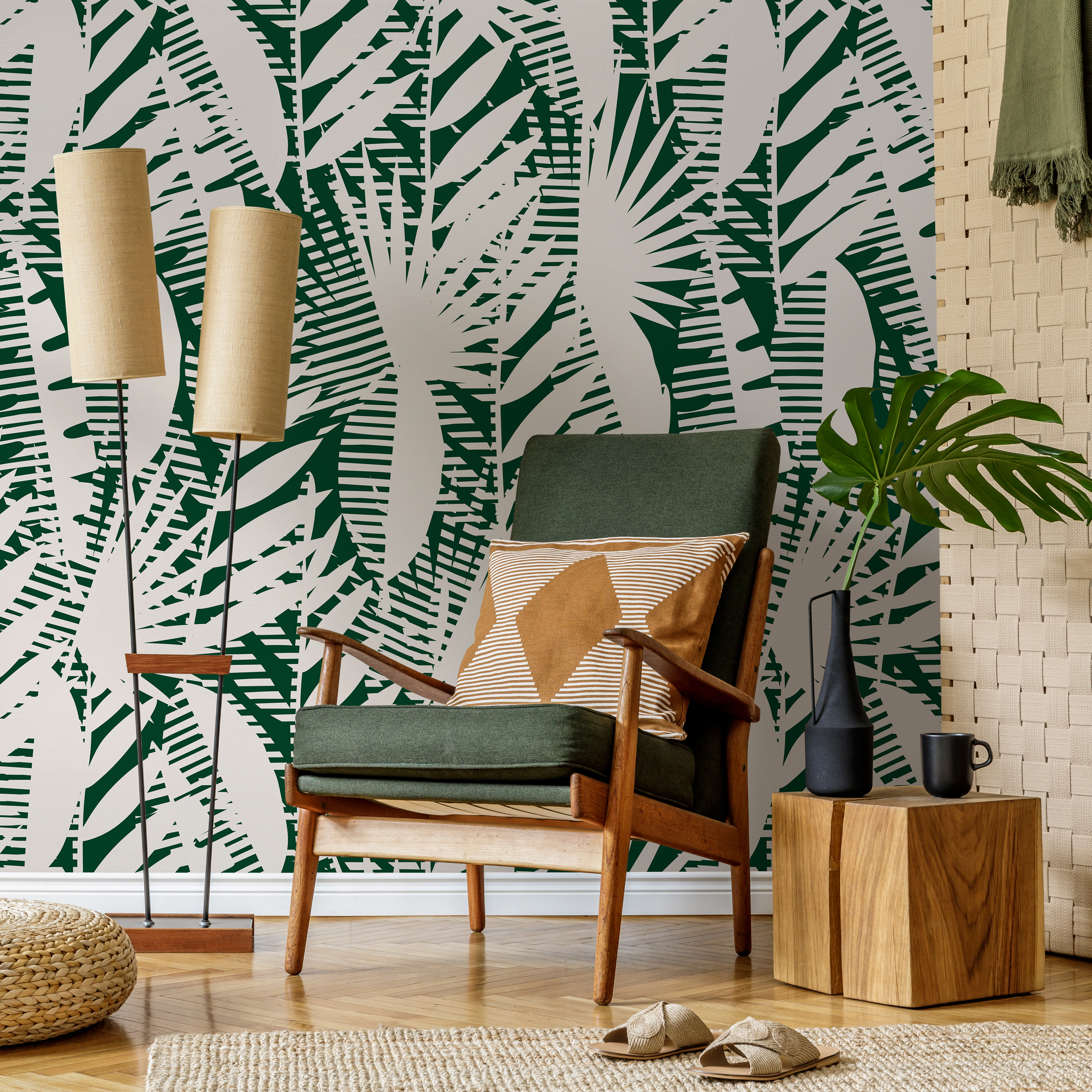 Abstract Wallpaper With A Tropical Palm Leaf Motif In Green And Beige - C401