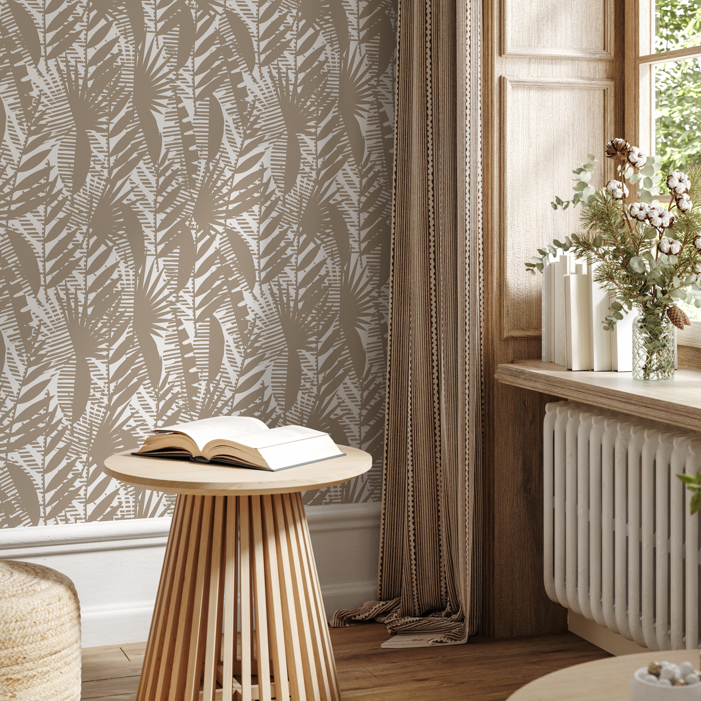 Botanical Wallpaper With Stylized Palm Leaves In Beige And Off-white - C402