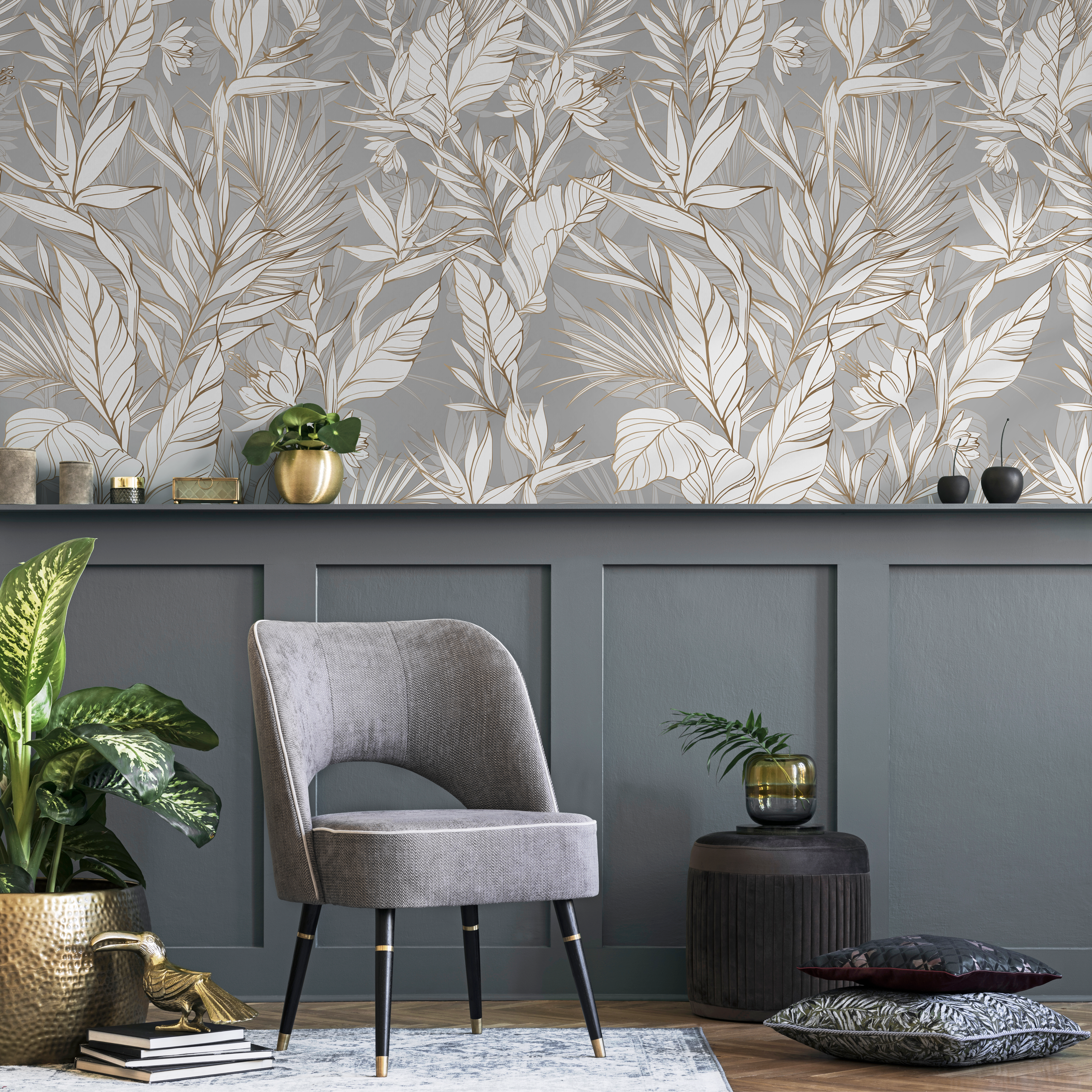 Tropical Wallpaper With Line Art Foliage In Gray, Gold, And White - C403