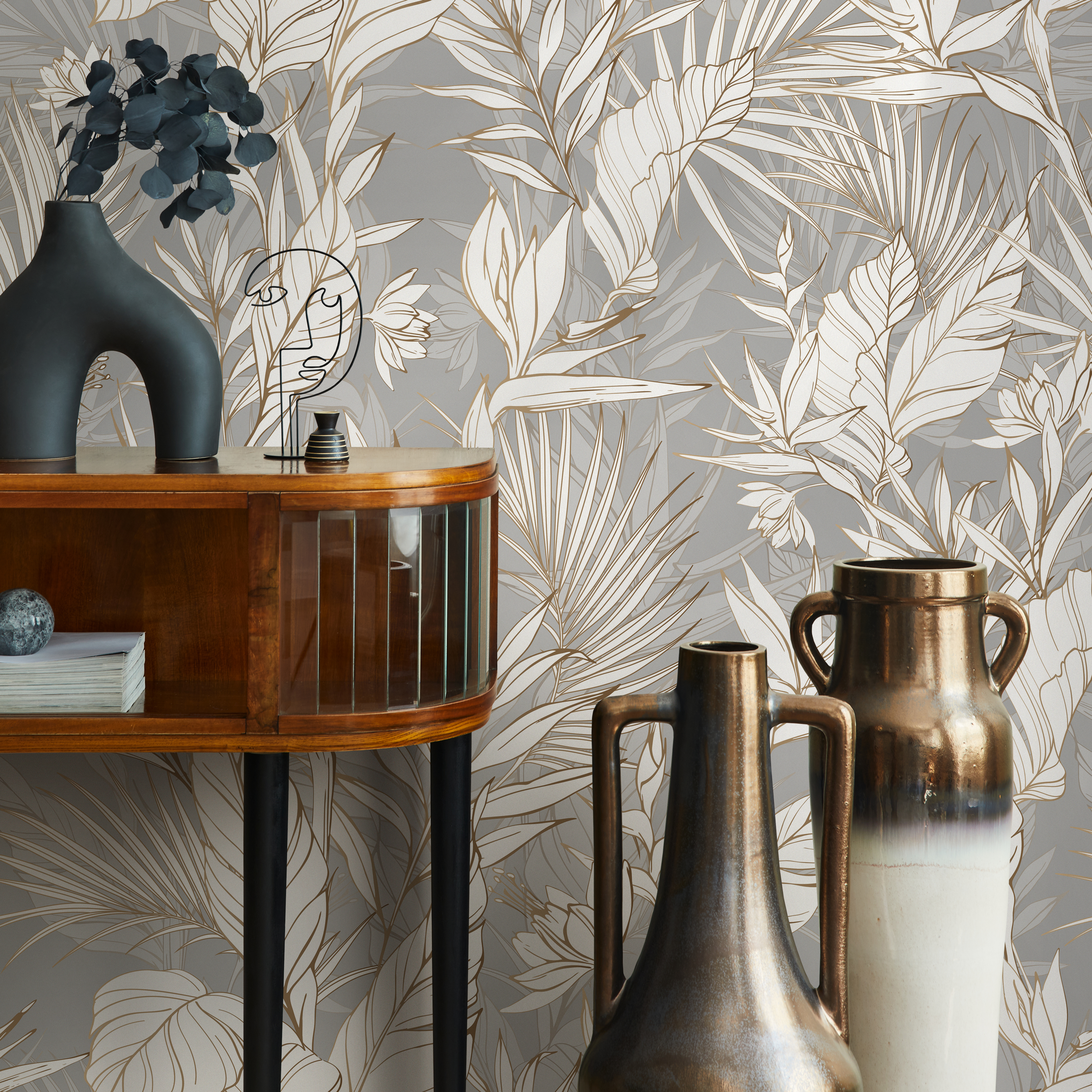Tropical Wallpaper With Line Art Foliage In Gray, Gold, And White - C403