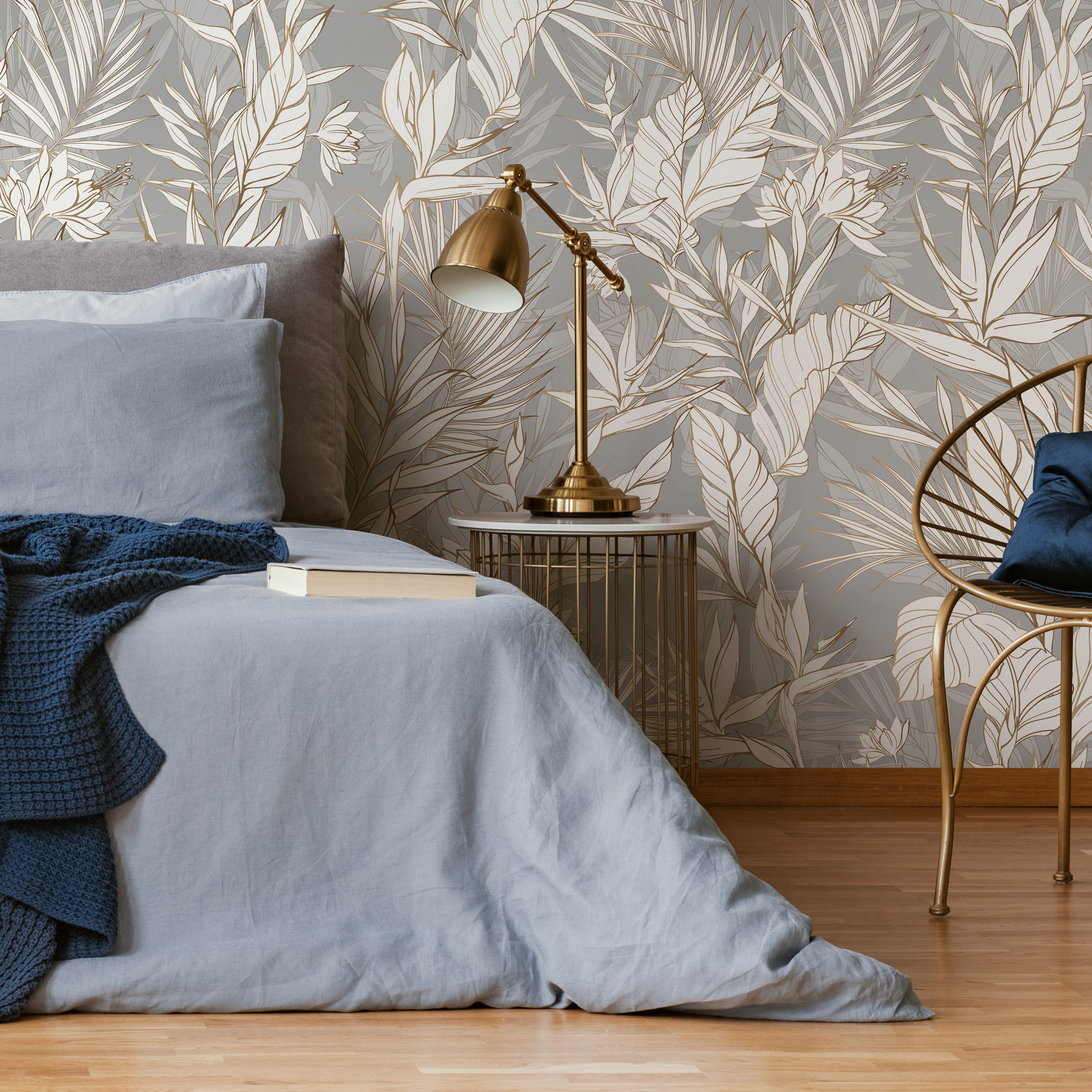 Tropical Wallpaper With Line Art Foliage In Gray, Gold, And White - C403