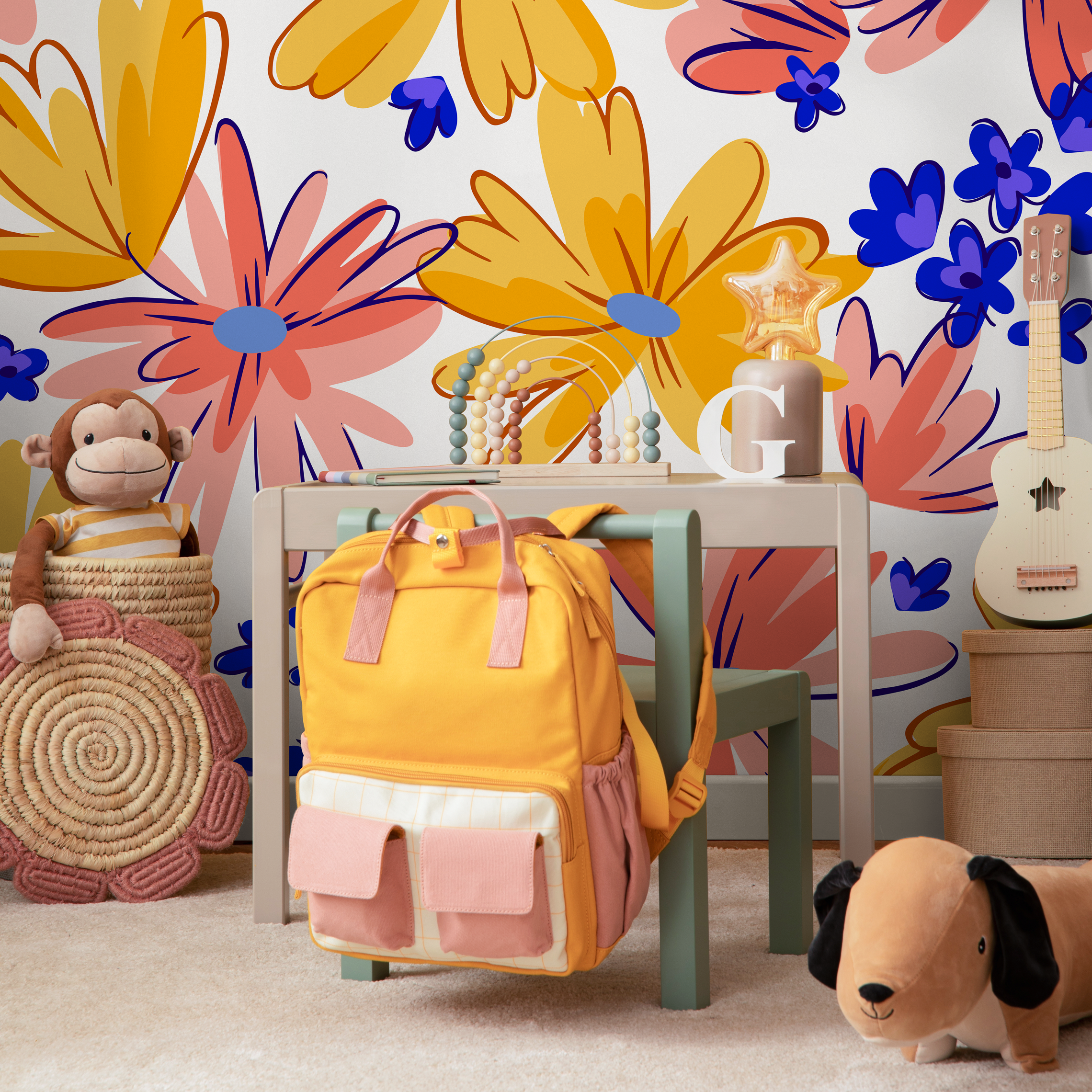 Floral Wallpaper Featuring Abstract Daisies In Yellow, Pink, And Blue - C404