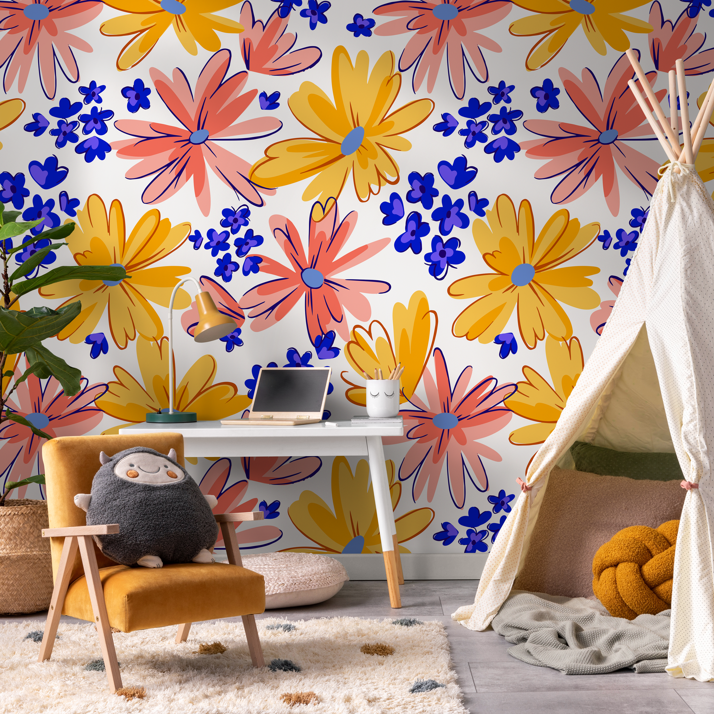 Floral Wallpaper Featuring Abstract Daisies In Yellow, Pink, And Blue - C404
