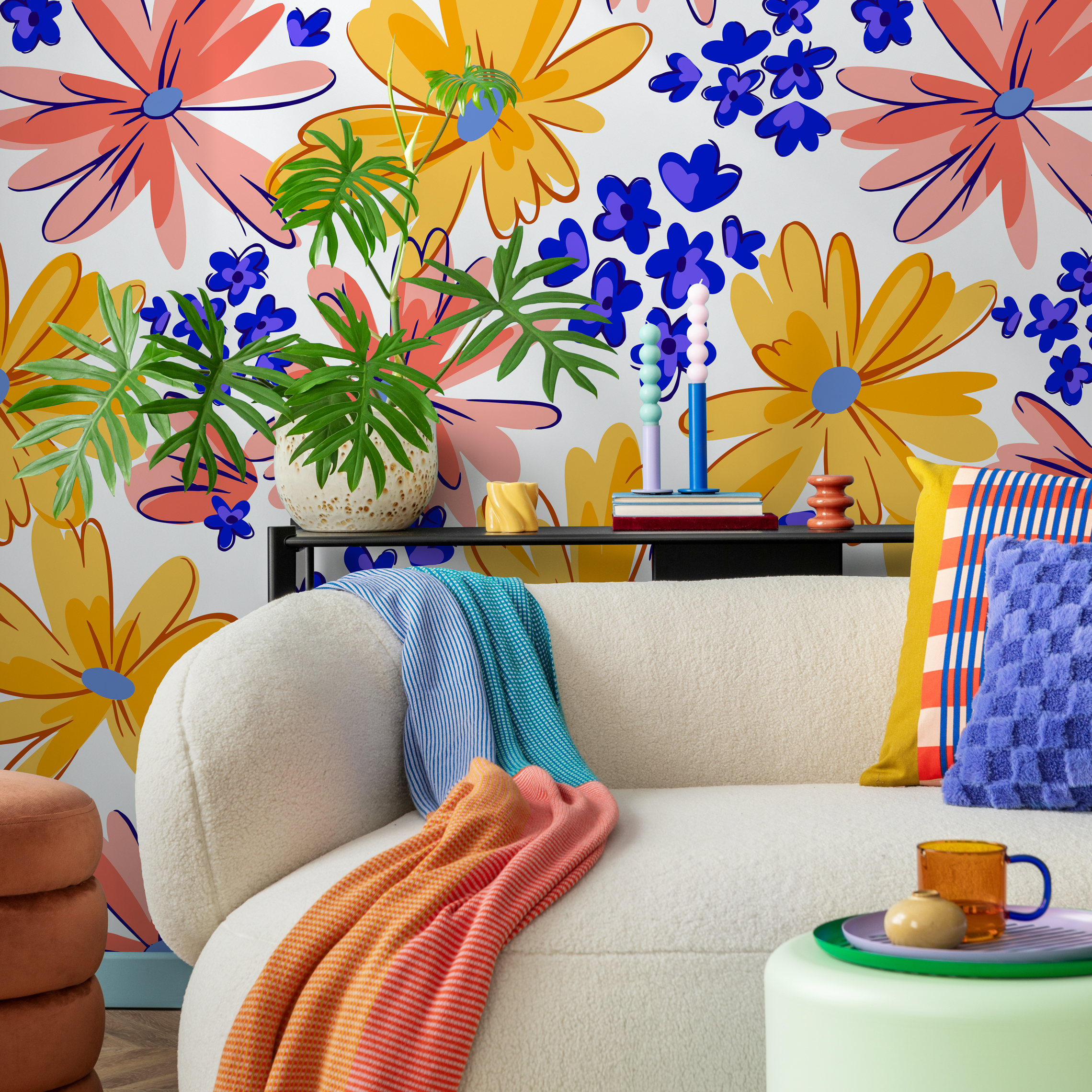 Floral Wallpaper Featuring Abstract Daisies In Yellow, Pink, And Blue - C404
