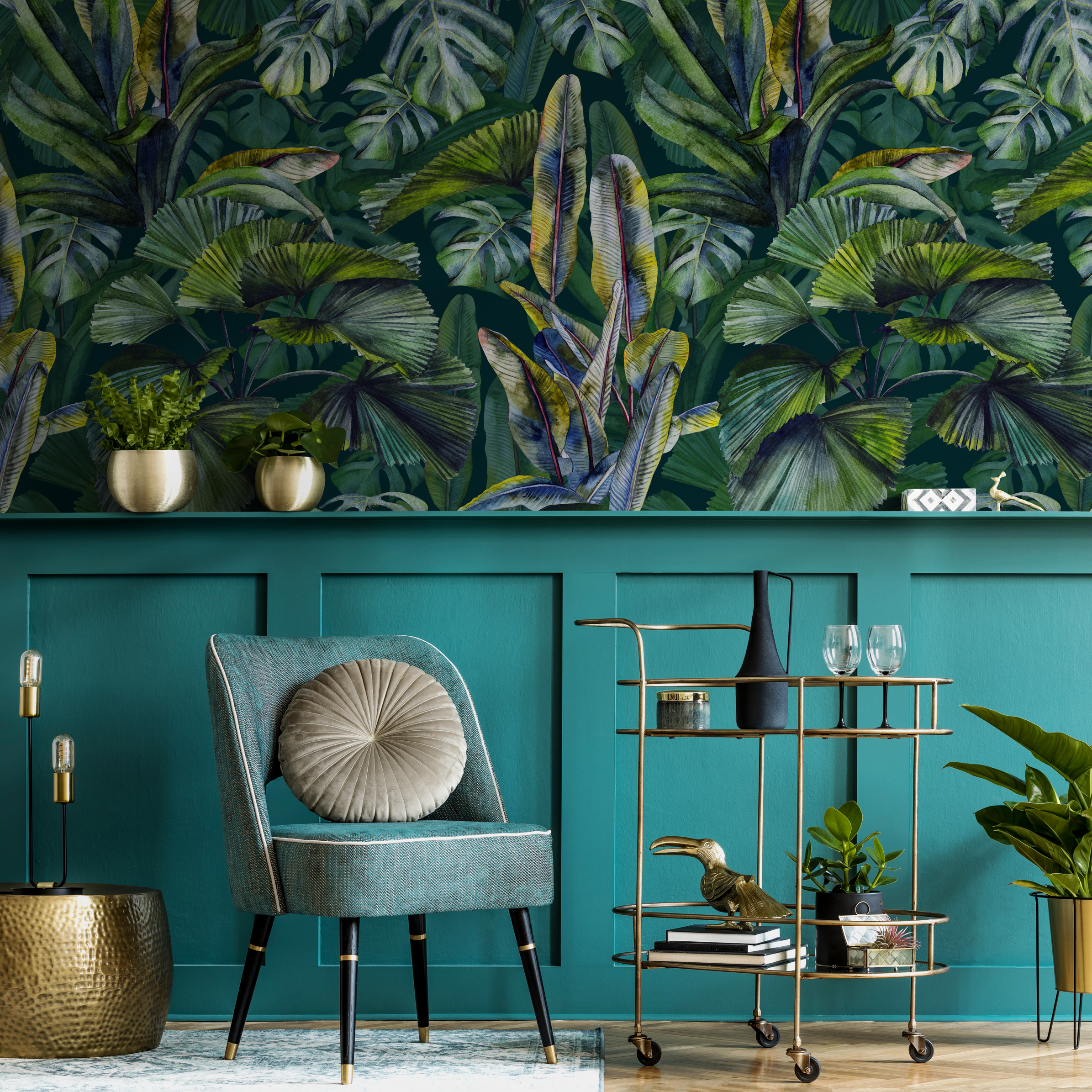 Botanical Wallpaper Featuring Lush Monstera And Palm Leaves In Green, Blue, And Yellow - C407