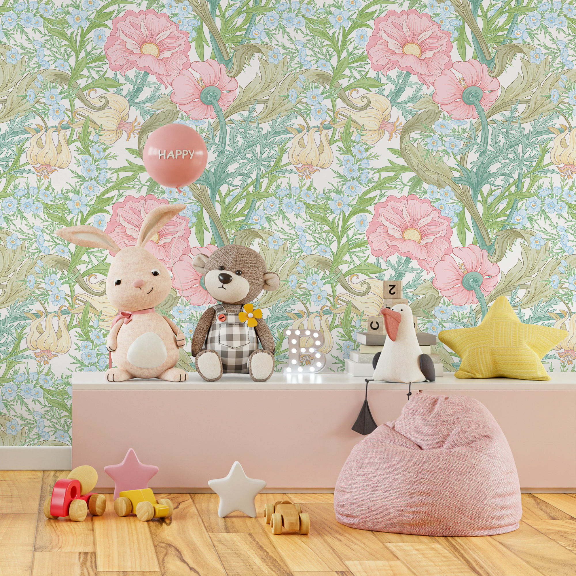 Art Nouveau Wallpaper With Elegant Blooms In Pink, Blue, And Green - C409