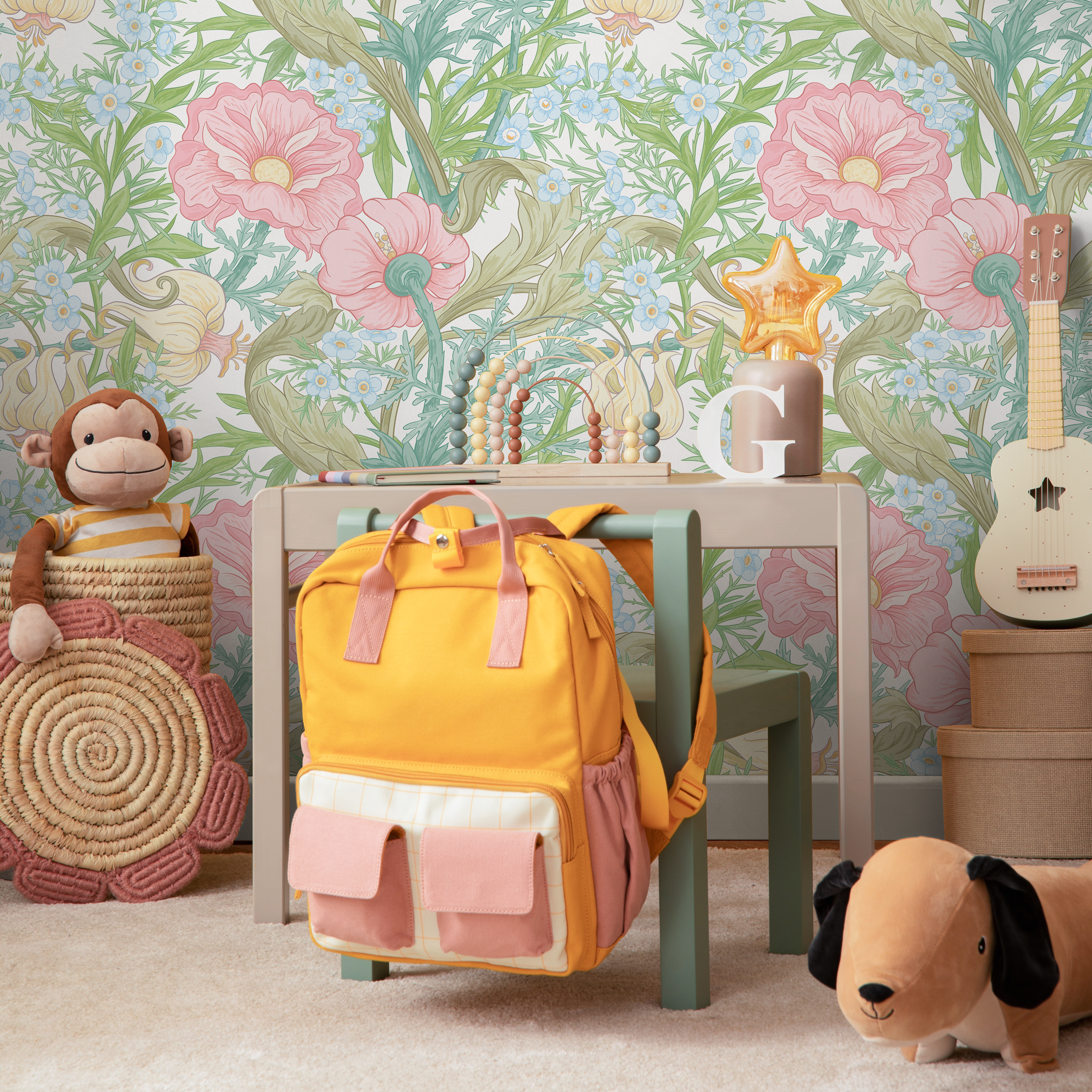 Art Nouveau Wallpaper With Elegant Blooms In Pink, Blue, And Green - C409