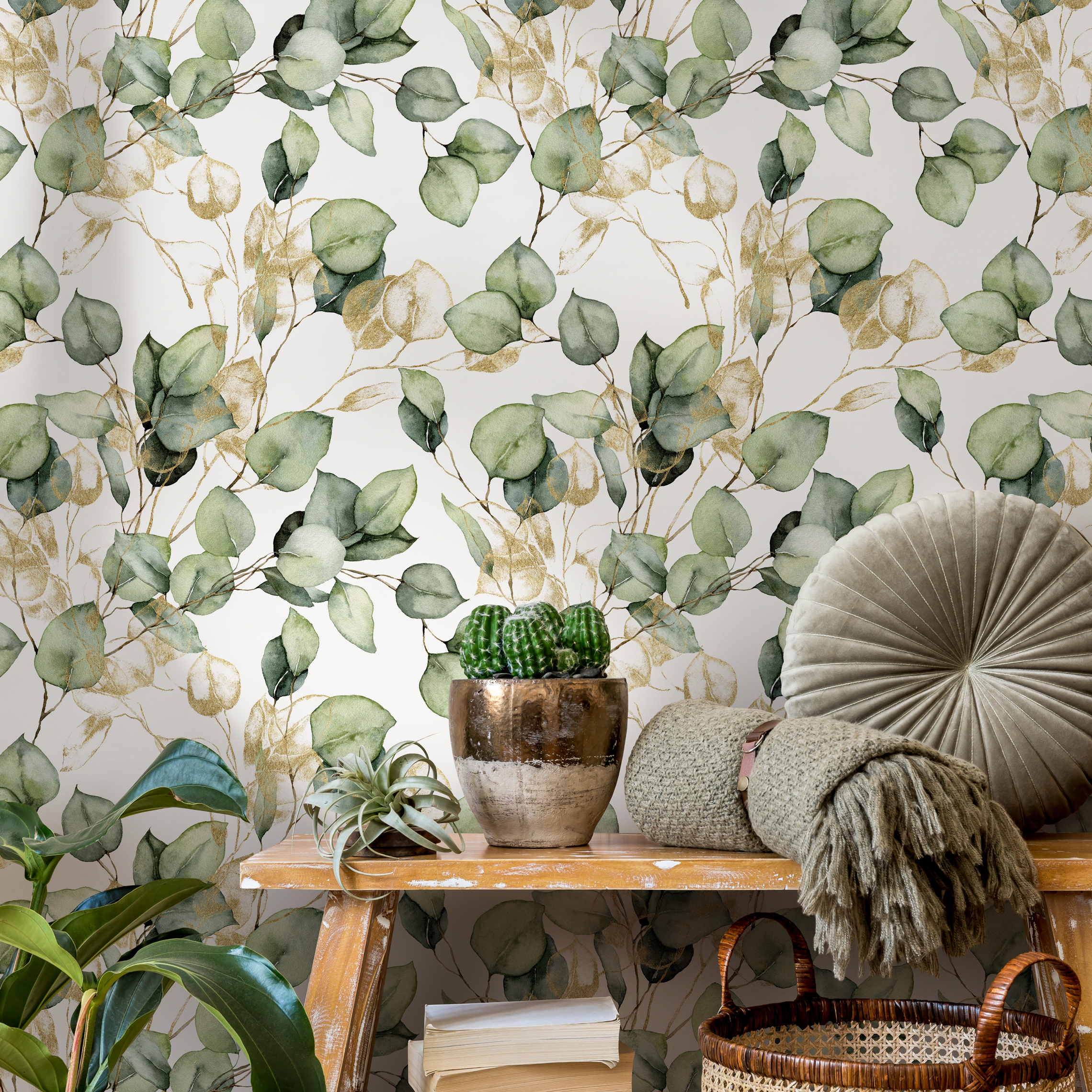 Botanical Wallpaper With Watercolor Eucalyptus Branches In Green And Gold - C410