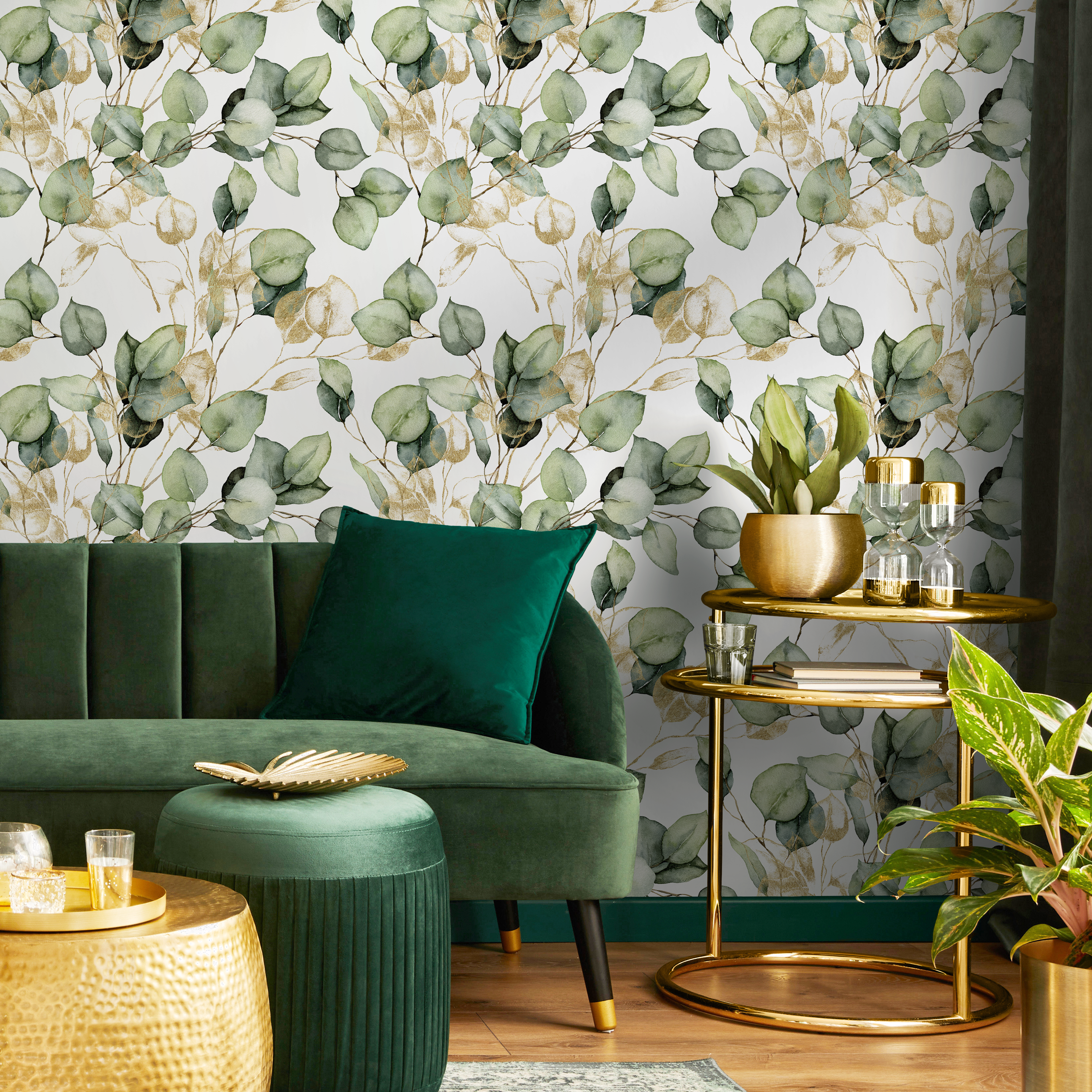 Botanical Wallpaper With Watercolor Eucalyptus Branches In Green And Gold - C410