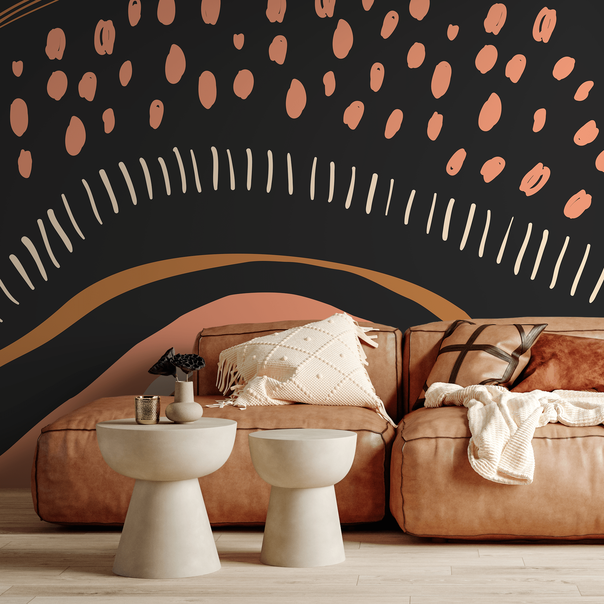 Abstract Wallpaper With Organic Shapes And Lines In Black, Terracotta, And Gold - C412