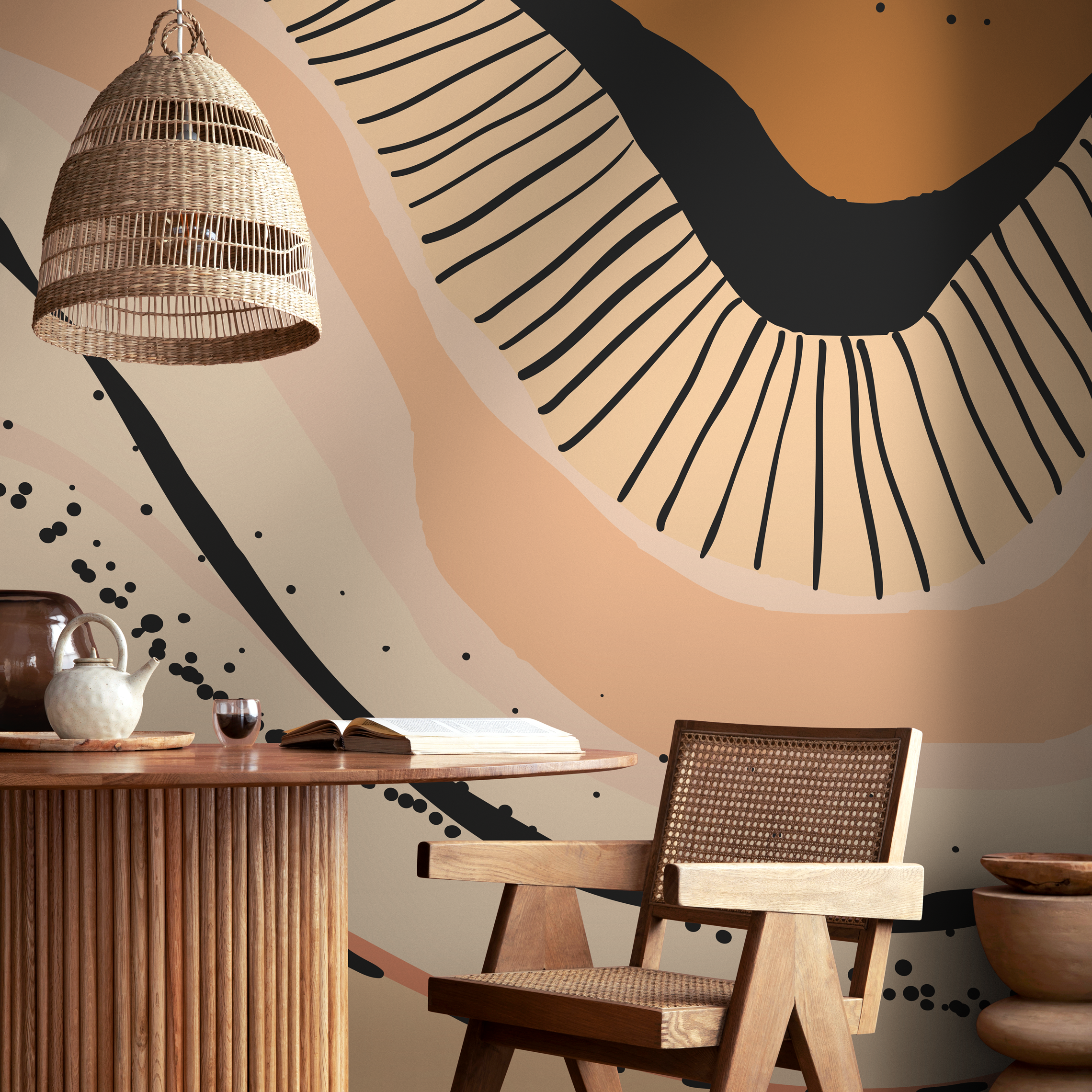 Abstract Wallpaper With An Organic Motif In Orange, Black, And Beige - C413