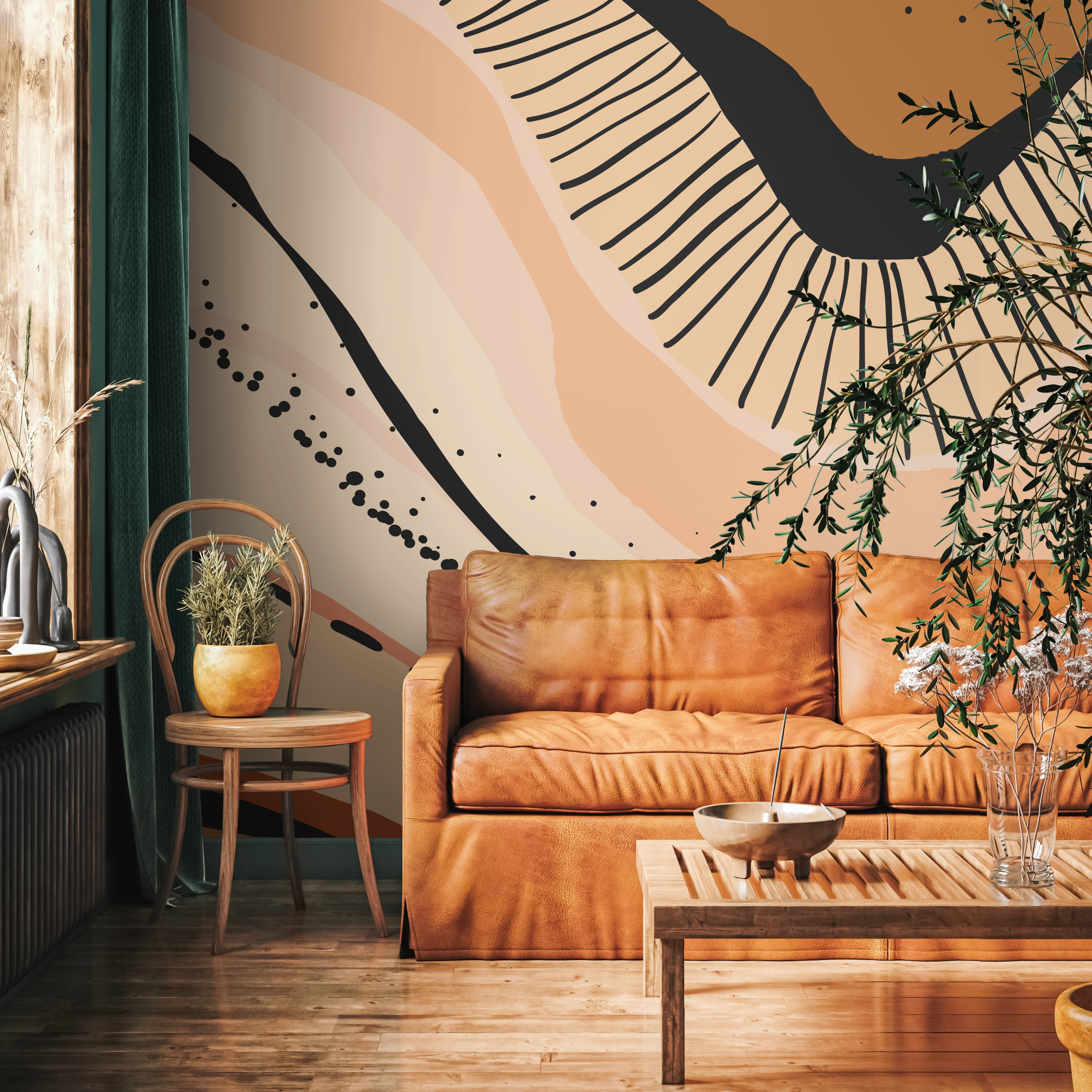 Abstract Wallpaper With An Organic Motif In Orange, Black, And Beige - C413