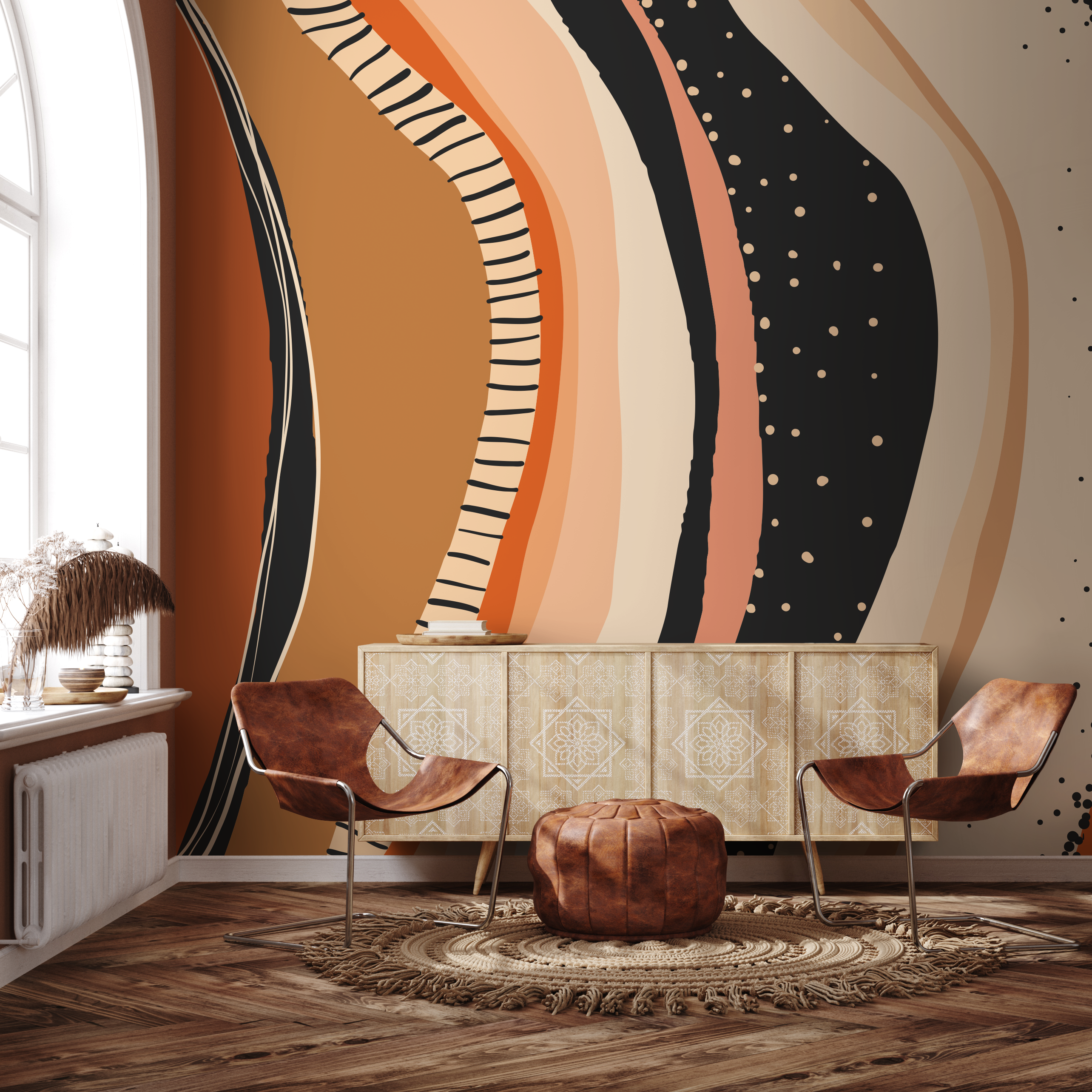 Abstract Wallpaper With Organic Shapes In Orange, Black, And Beige - C414