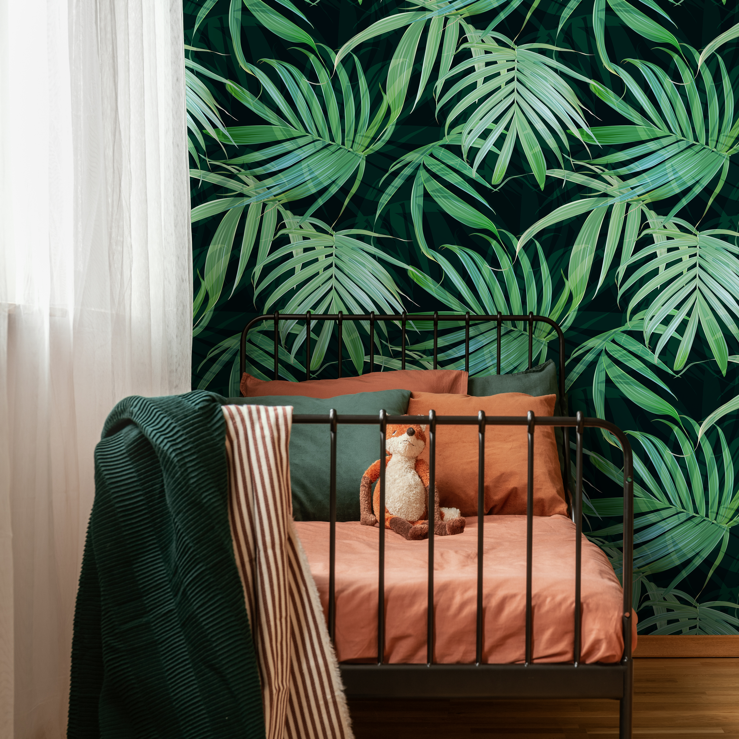 Tropical Wallpaper With Layered Palm Leaves In Green And Black - C417