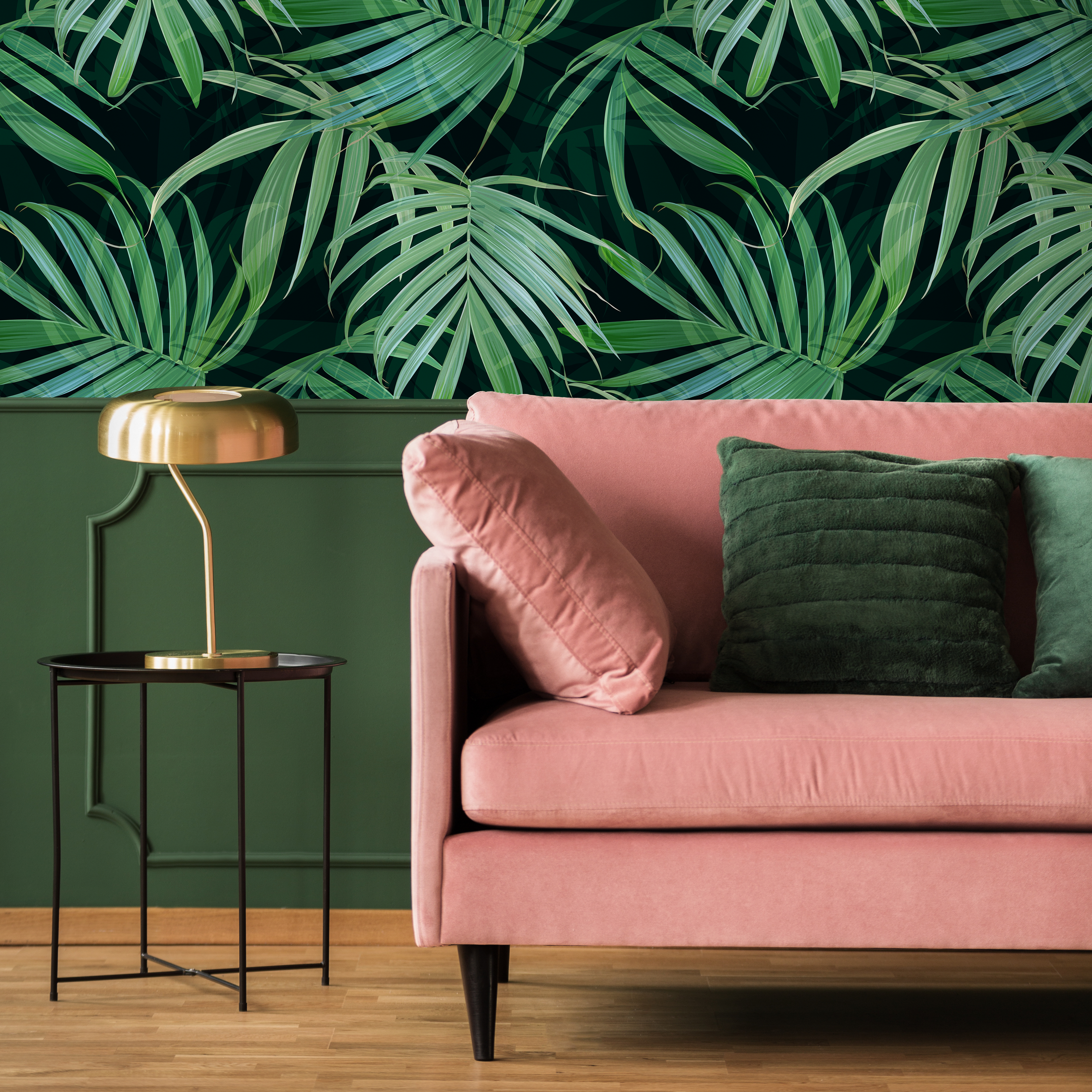 Tropical Wallpaper With Layered Palm Leaves In Green And Black - C417
