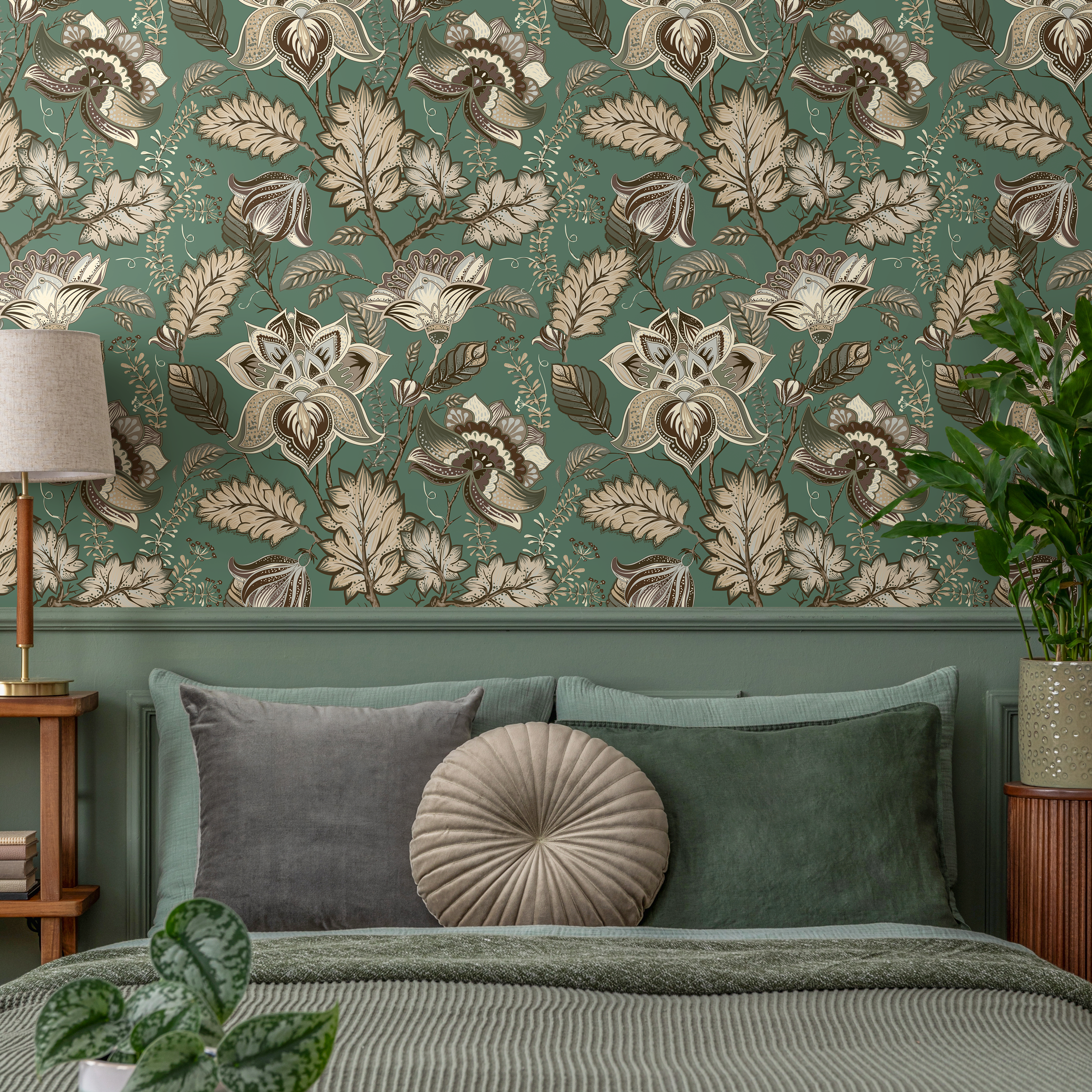 Floral Wallpaper With A Vintage Jacobean Motif In Green, Beige, And Brown - C423