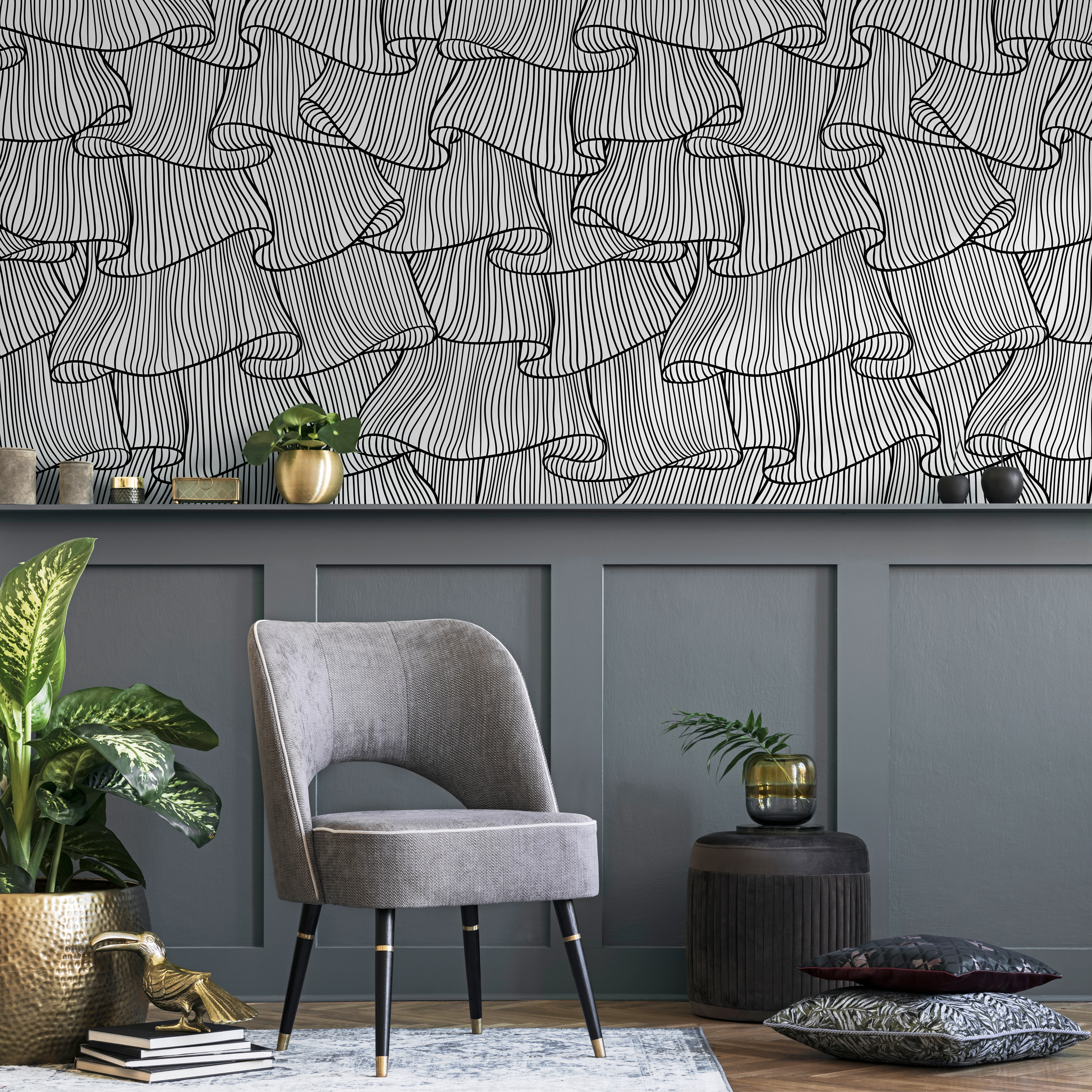 Abstract Wallpaper With Flowing Wavy Lines In Black And White - C424