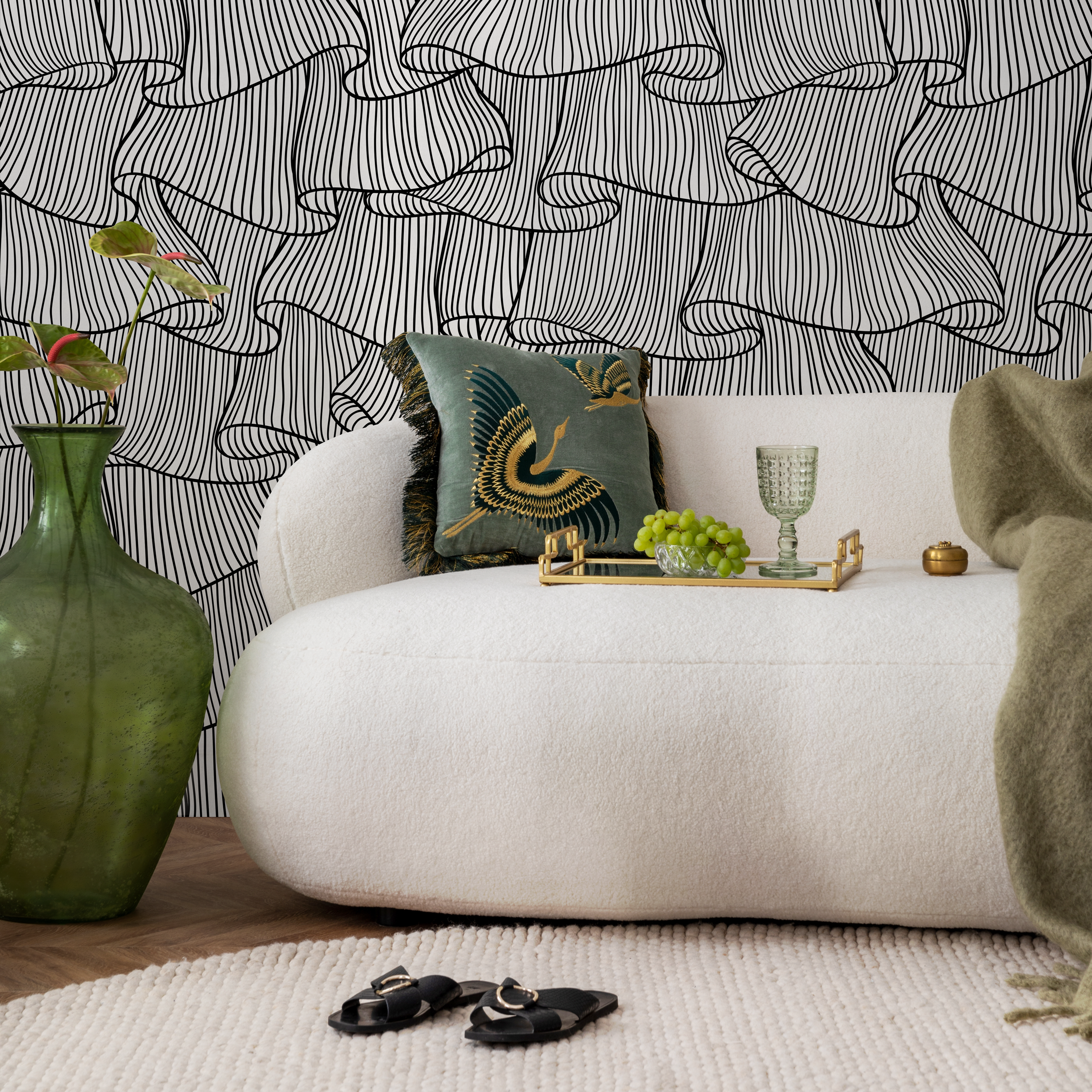 Abstract Wallpaper With Flowing Wavy Lines In Black And White - C424