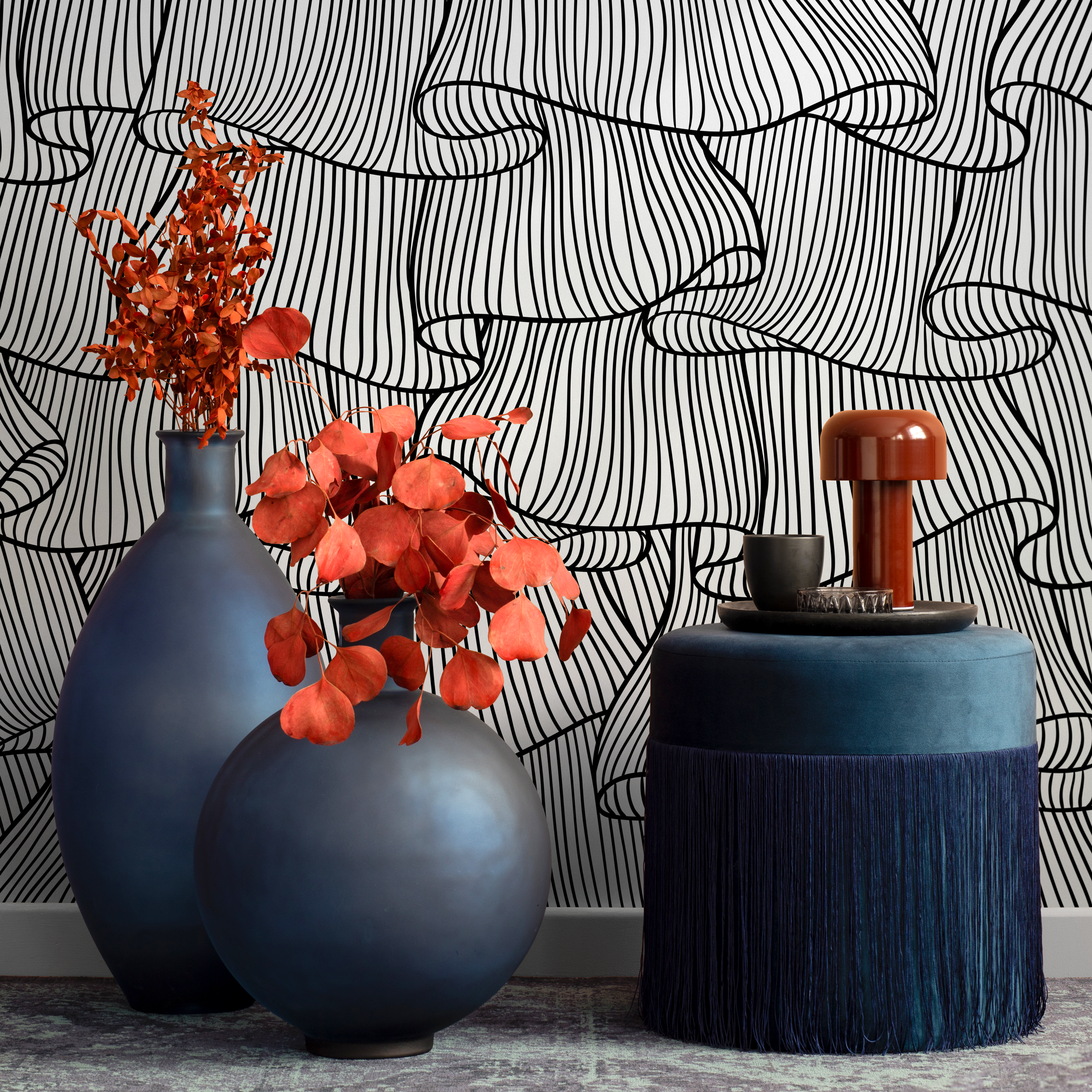 Abstract Wallpaper With Flowing Wavy Lines In Black And White - C424