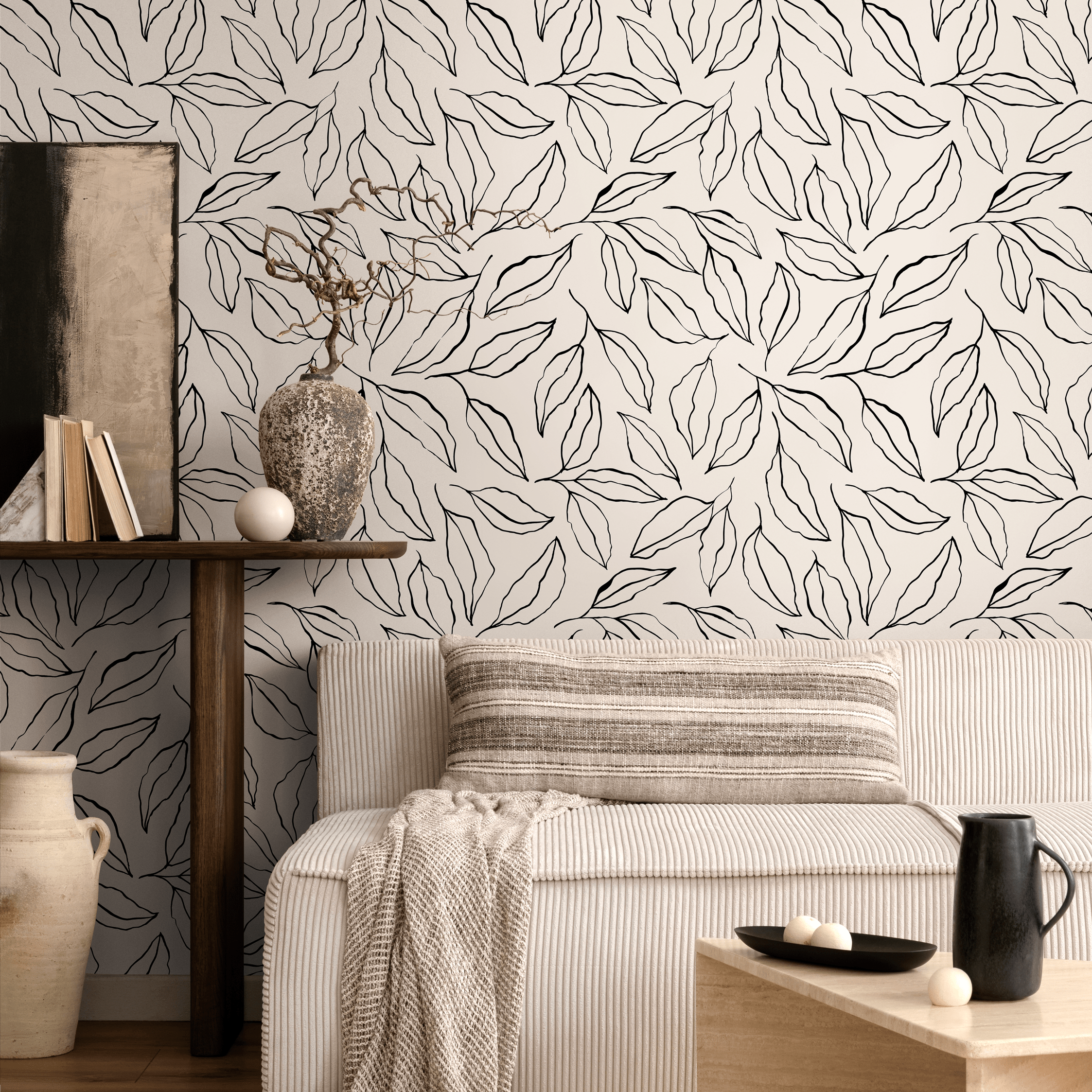 Botanical Wallpaper With A Hand-drawn Leaf Motif In Black And Beige - C425