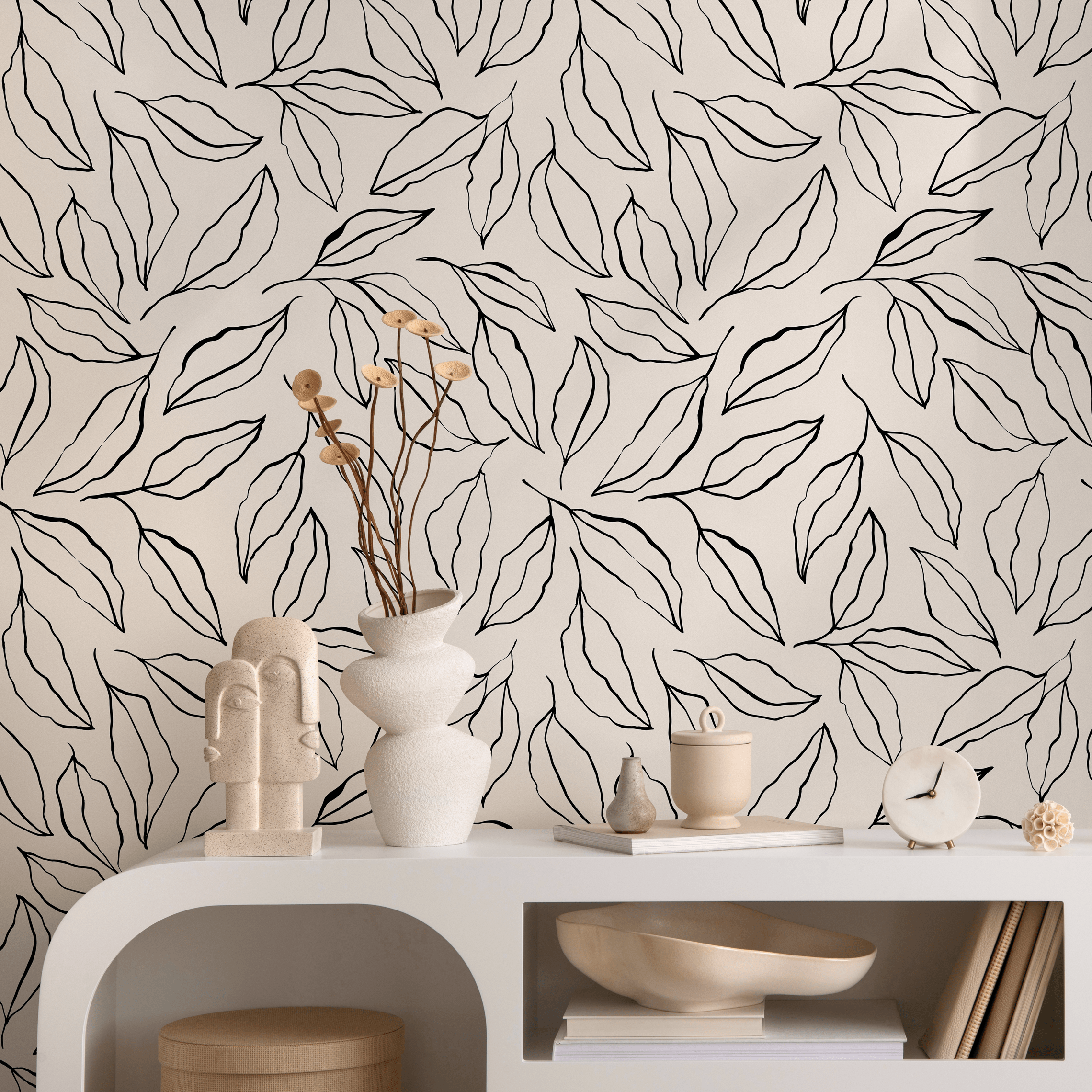 Botanical Wallpaper With A Hand-drawn Leaf Motif In Black And Beige - C425
