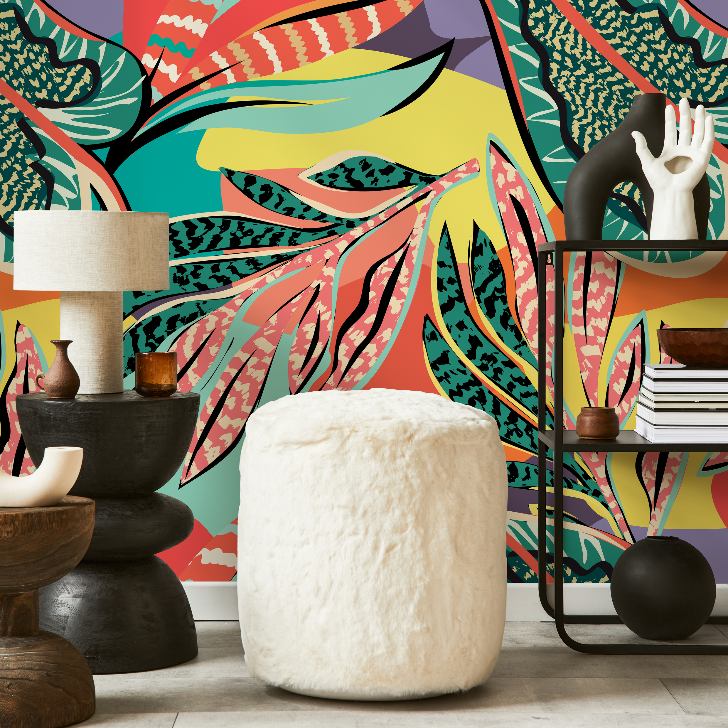 Abstract Wallpaper With Bold Tropical Leaves In Red, Teal, And Yellow - C426