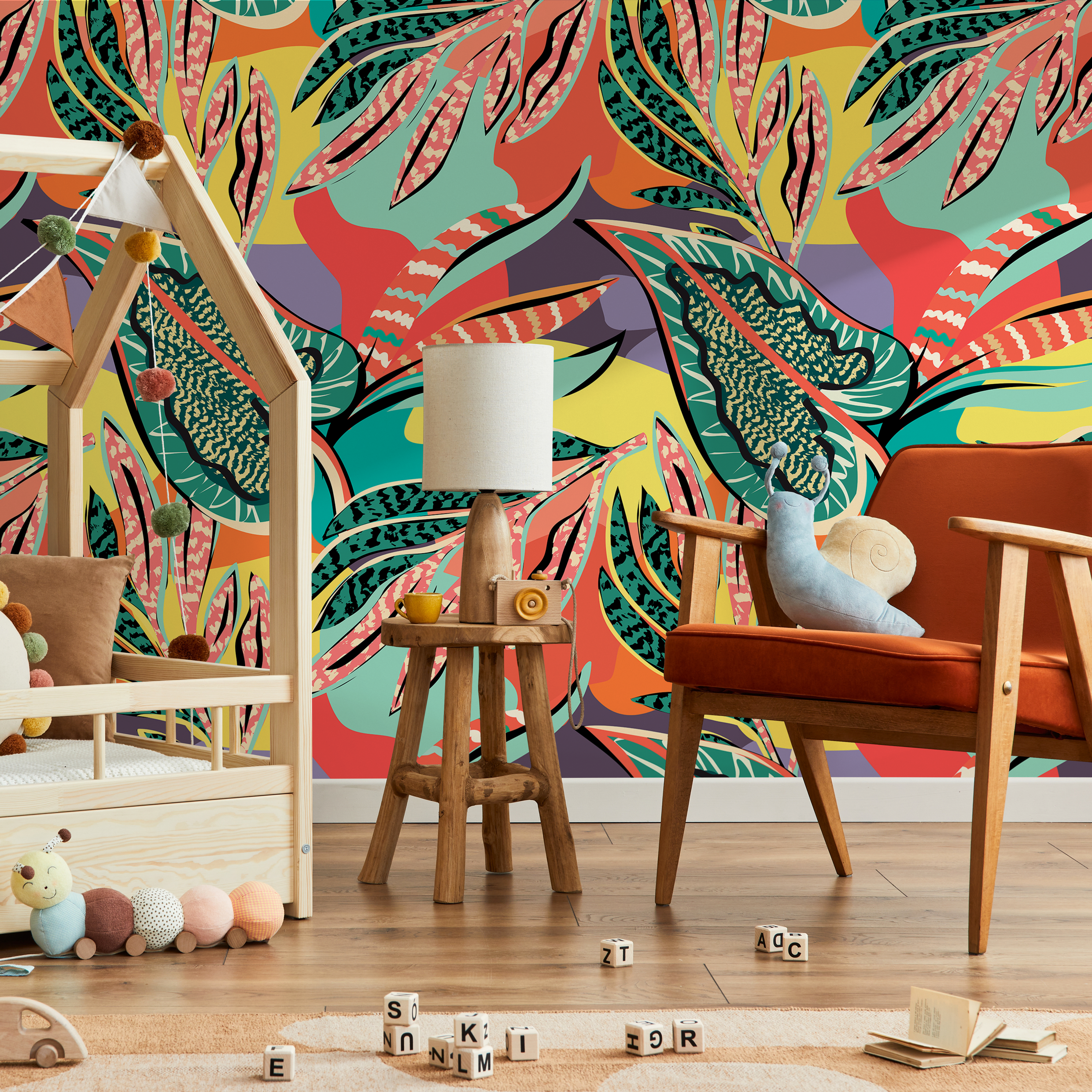 Abstract Wallpaper With Bold Tropical Leaves In Red, Teal, And Yellow - C426
