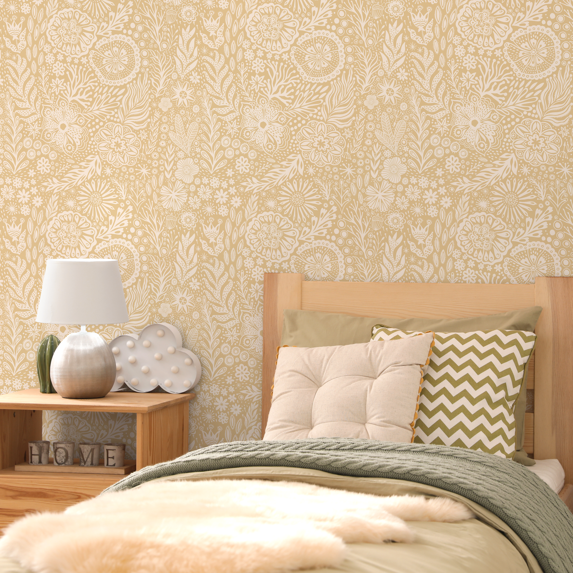 Floral Wallpaper With A Folk Art Motif In Yellow And White - C434
