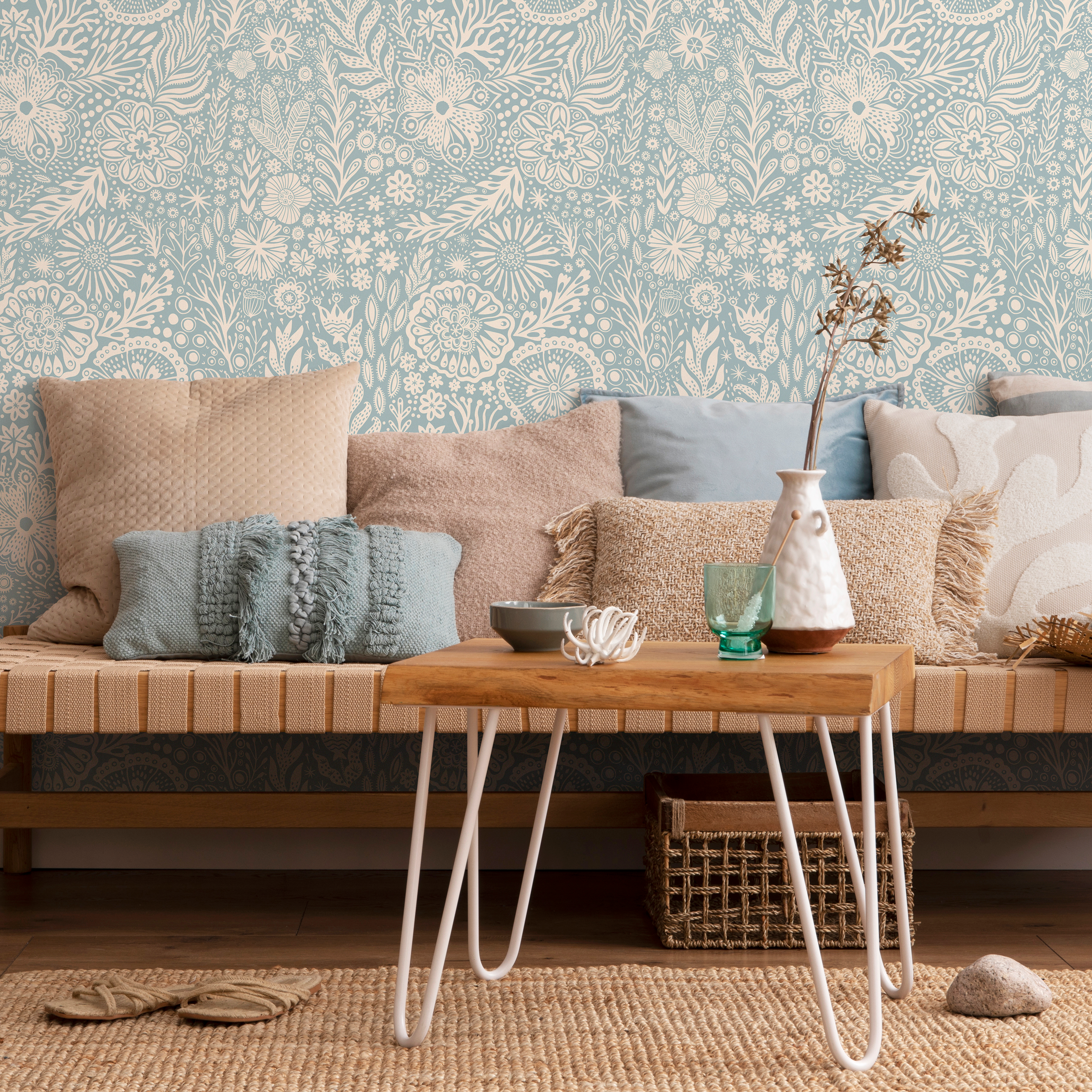 Floral Wallpaper With A Whimsical Folk Art Motif In Blue And Cream - C435