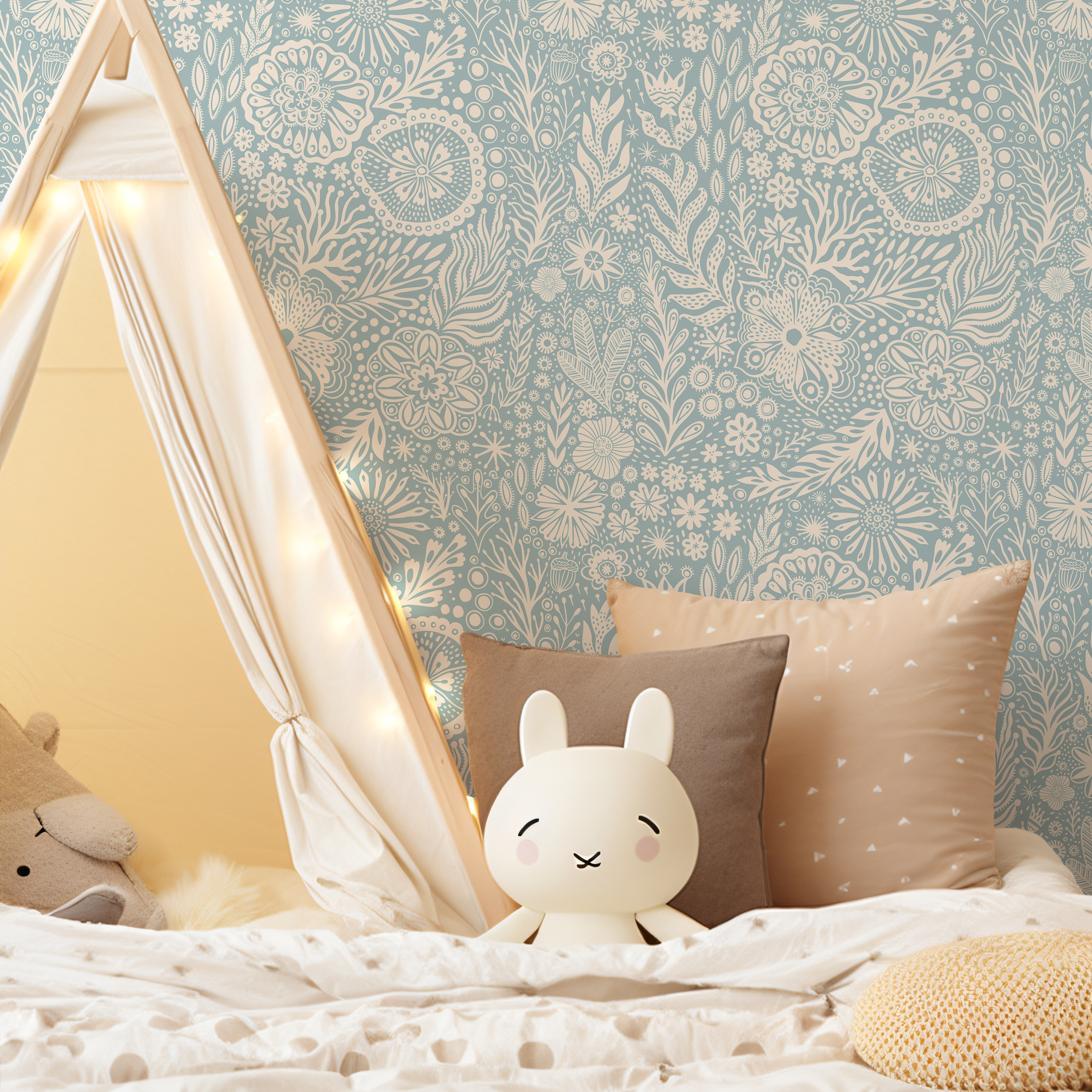 Floral Wallpaper With A Whimsical Folk Art Motif In Blue And Cream - C435