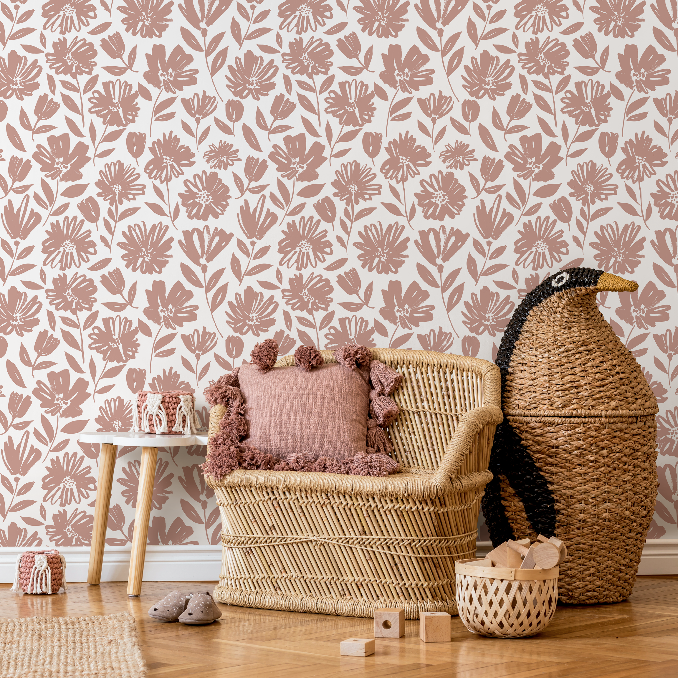 Floral Wallpaper With Stylized Wildflowers In Pink - C436
