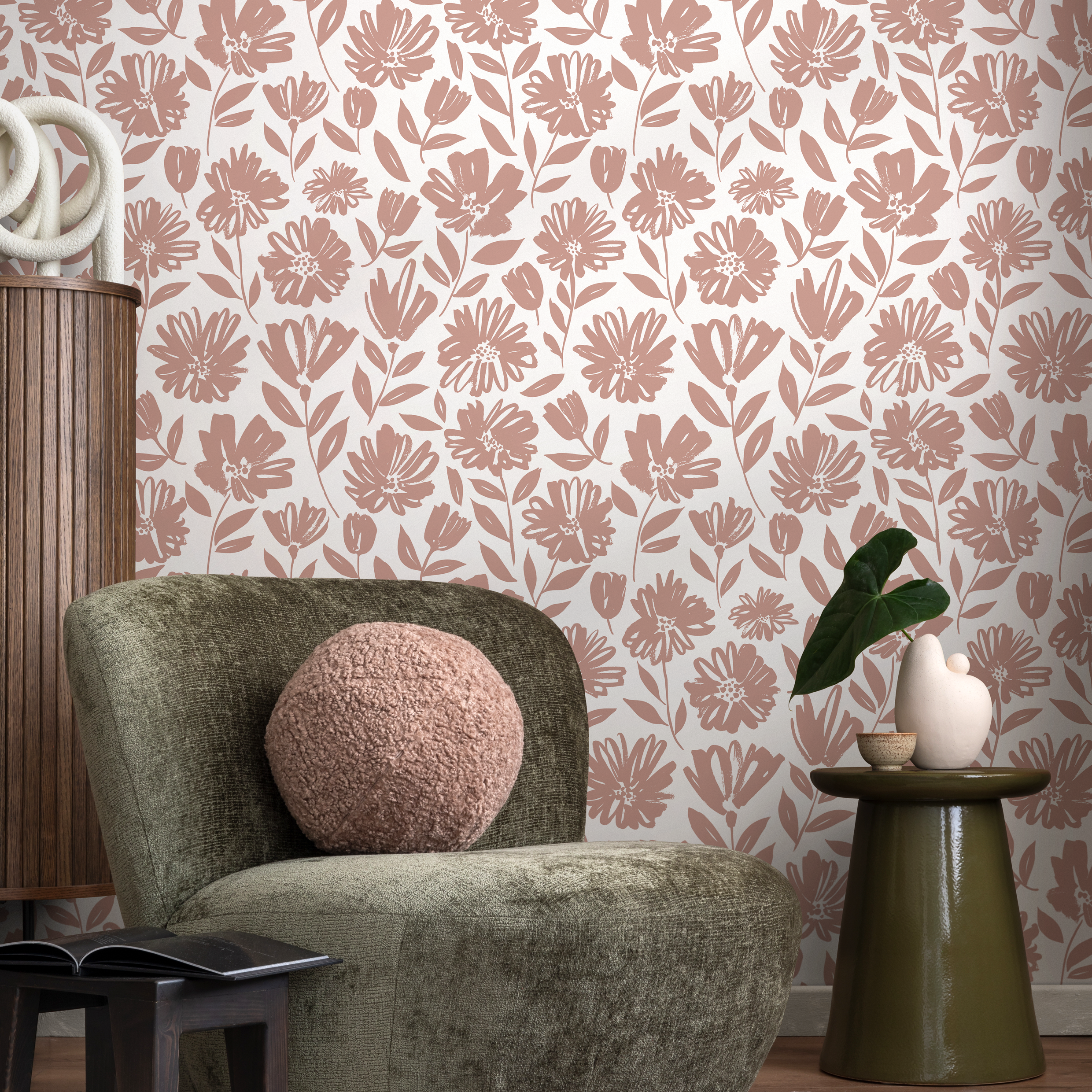 Floral Wallpaper With Stylized Wildflowers In Pink - C436