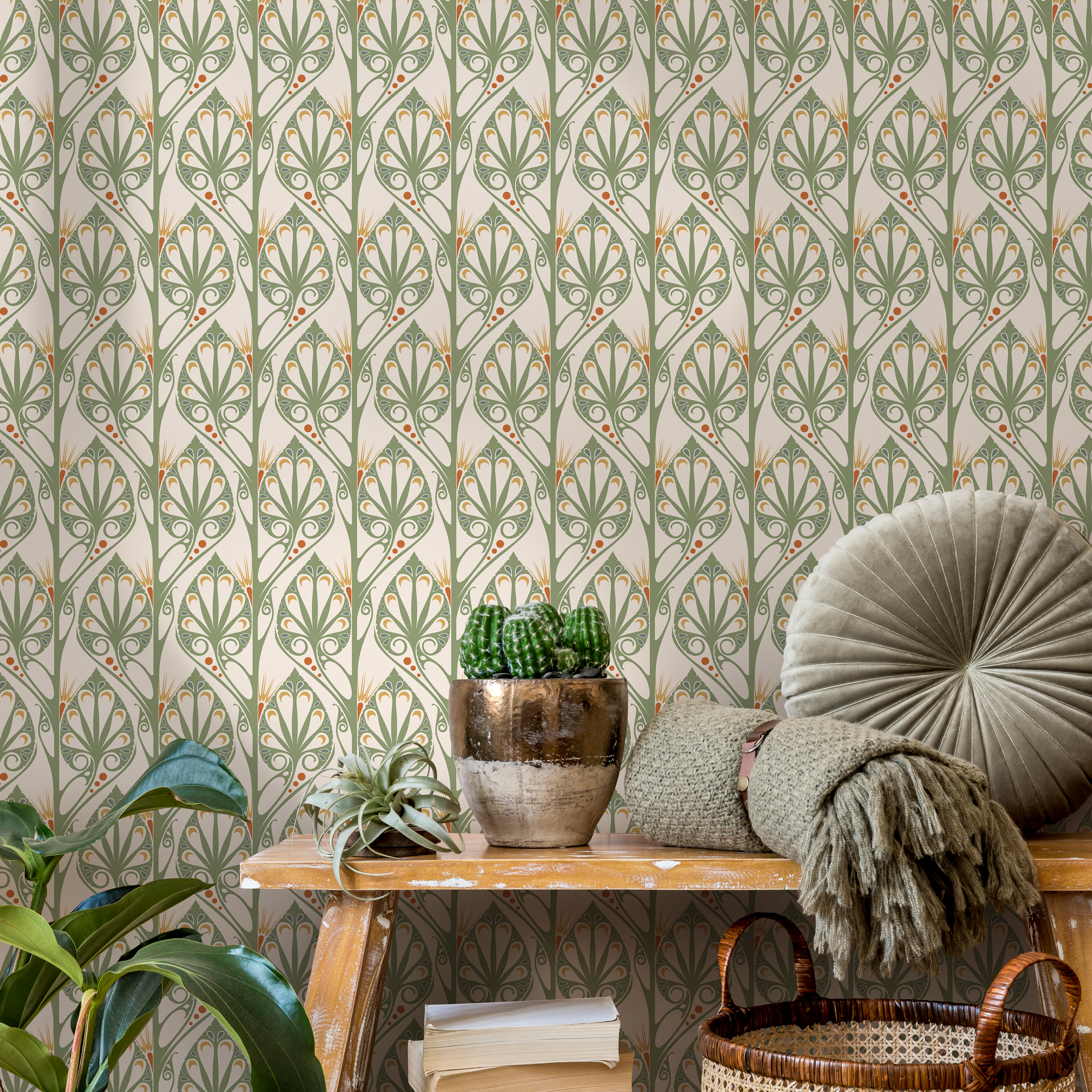 Art Deco Wallpaper With Stylized Botanicals In Green And Orange - C437