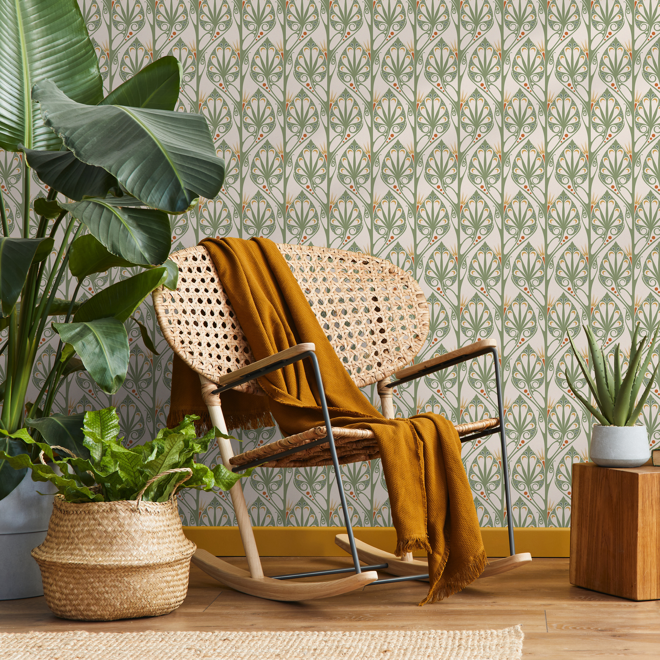 Art Deco Wallpaper With Stylized Botanicals In Green And Orange - C437