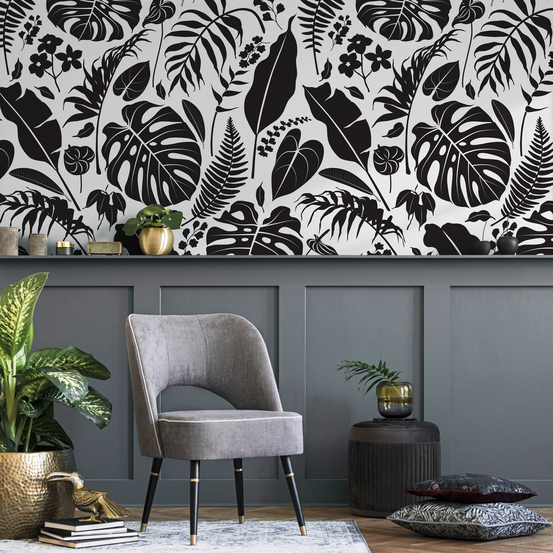 Botanical Wallpaper With Tropical Jungle Leaves In Black And White - C439