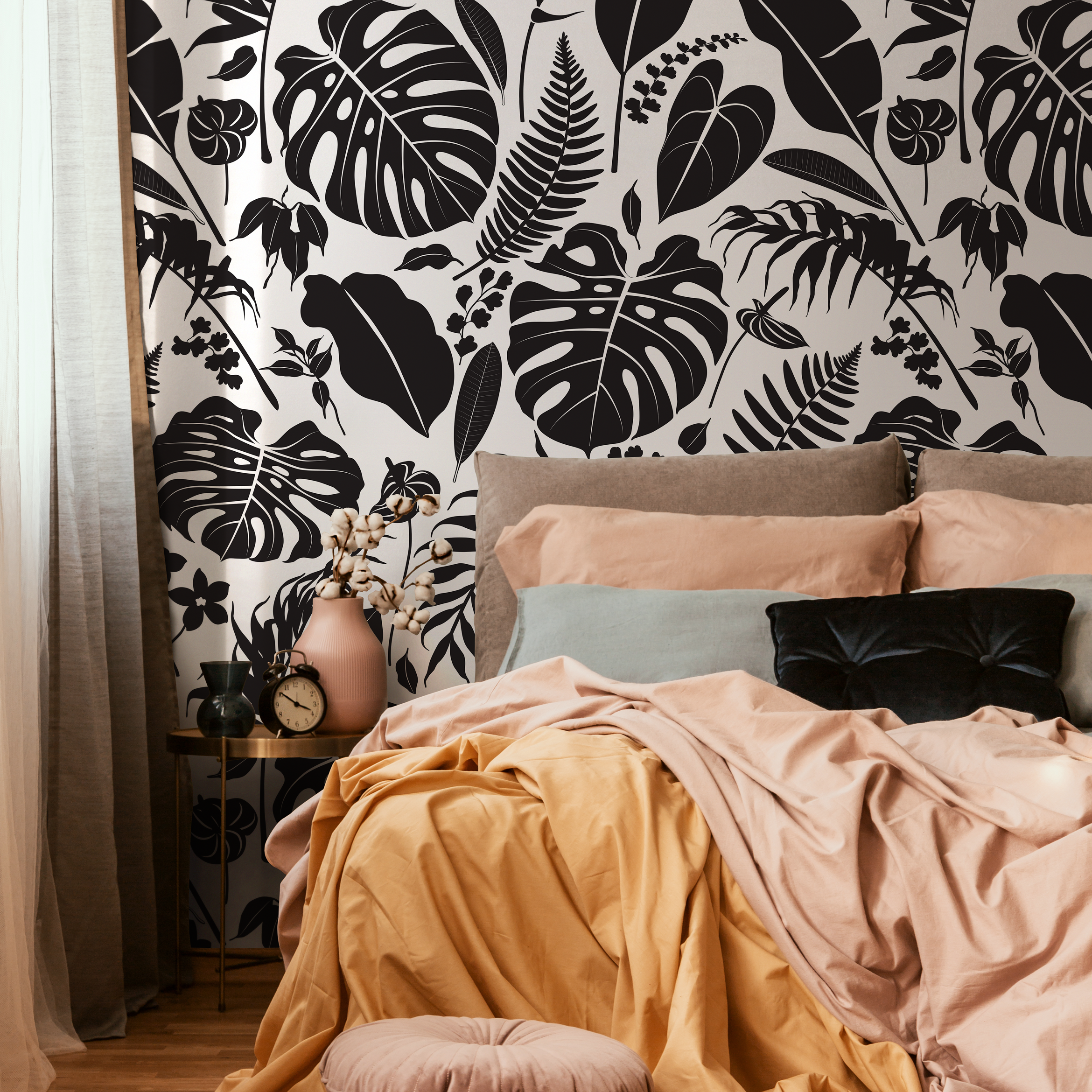 Botanical Wallpaper With Tropical Jungle Leaves In Black And White - C439
