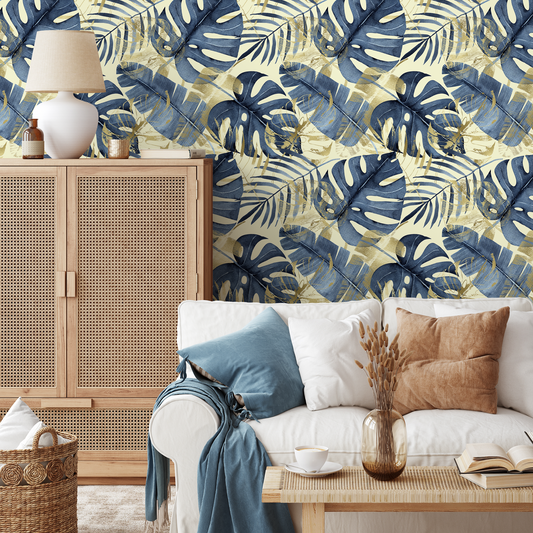 Botanical Wallpaper With Tropical Leaves In Navy Blue And Gold - C441