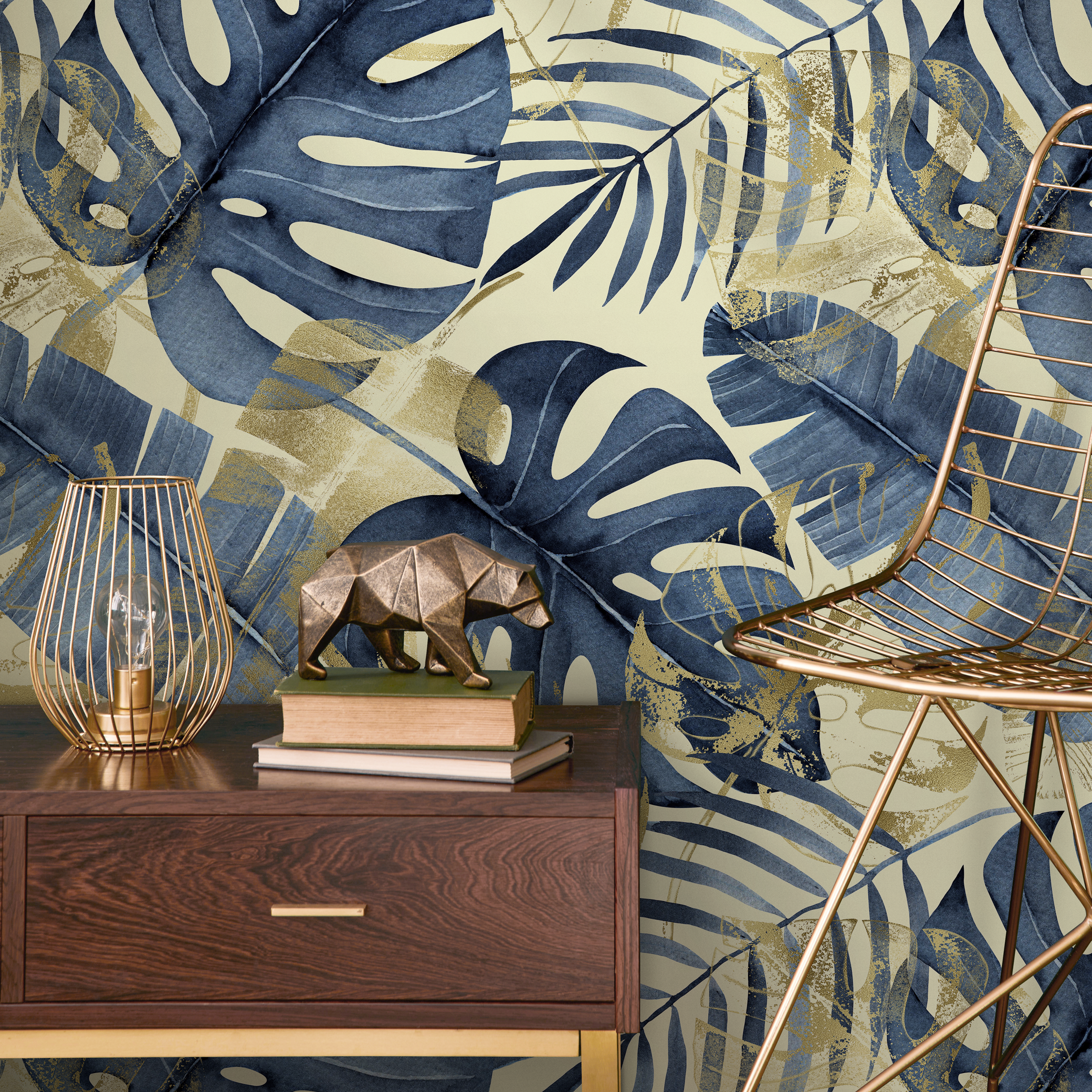 Botanical Wallpaper With Tropical Leaves In Navy Blue And Gold - C441