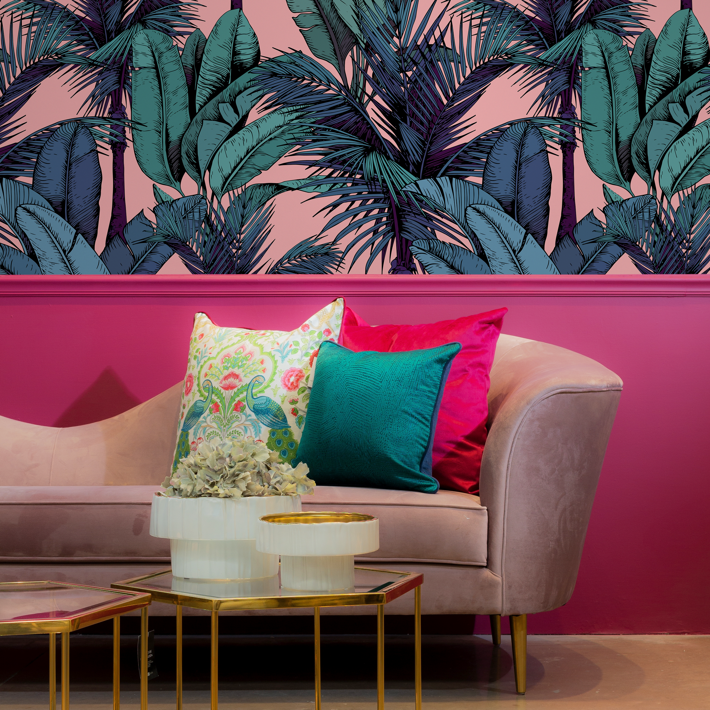 Tropical Wallpaper With Illustrated Palm Trees In Pink, Green, And Blue - C442